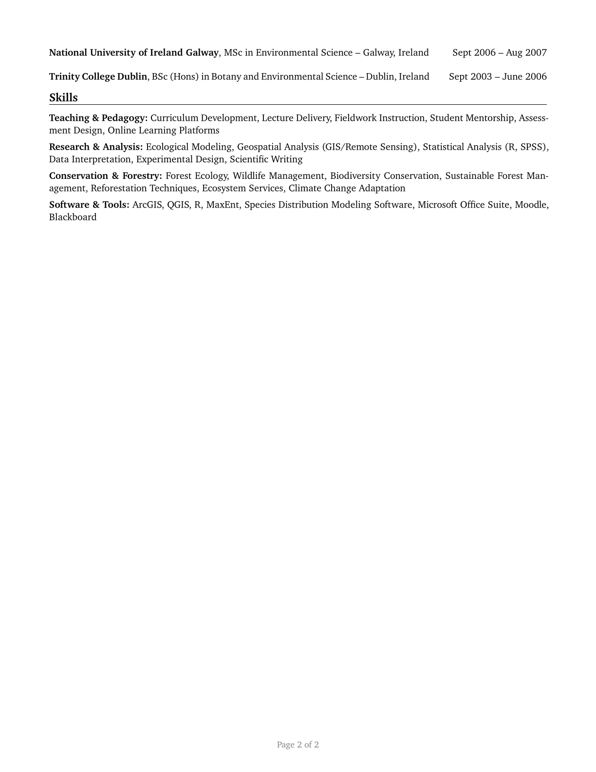 Forestry and Conservation Science Teachers, Postsecondary CV in English — page 2