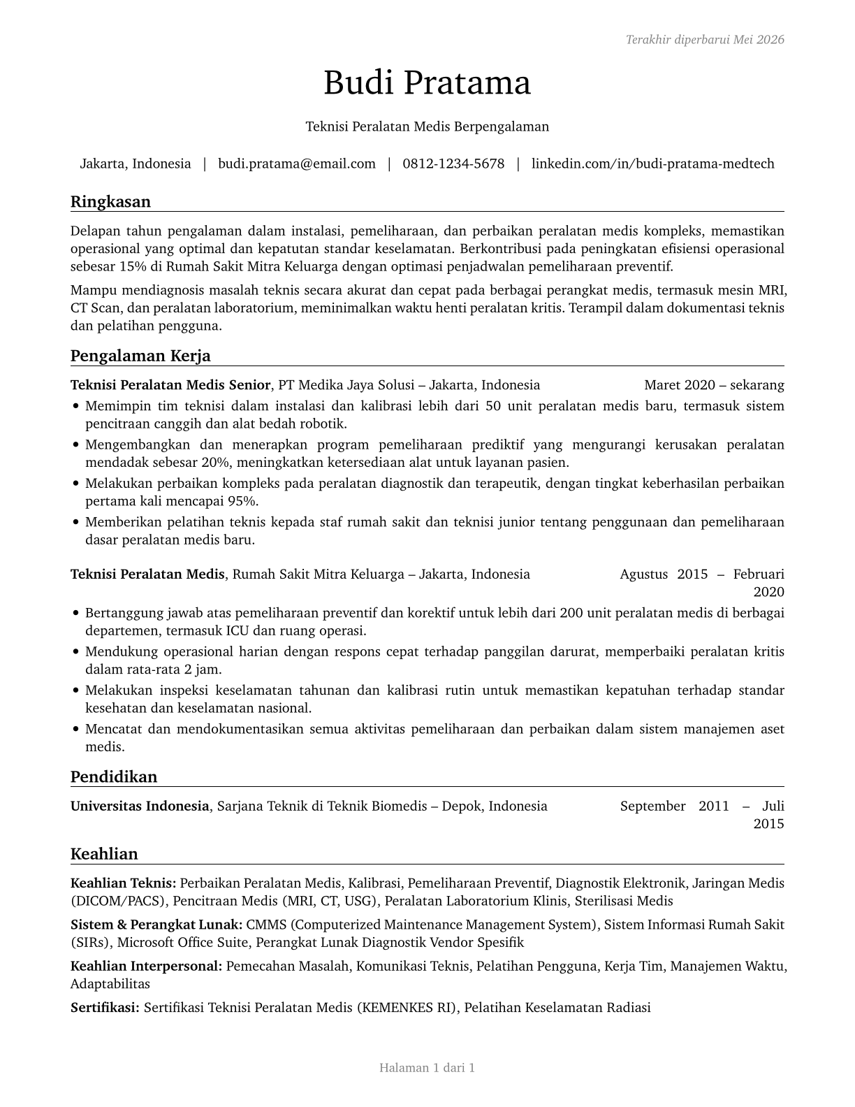 Medical Appliance Technicians CV in Indonesian — page 1