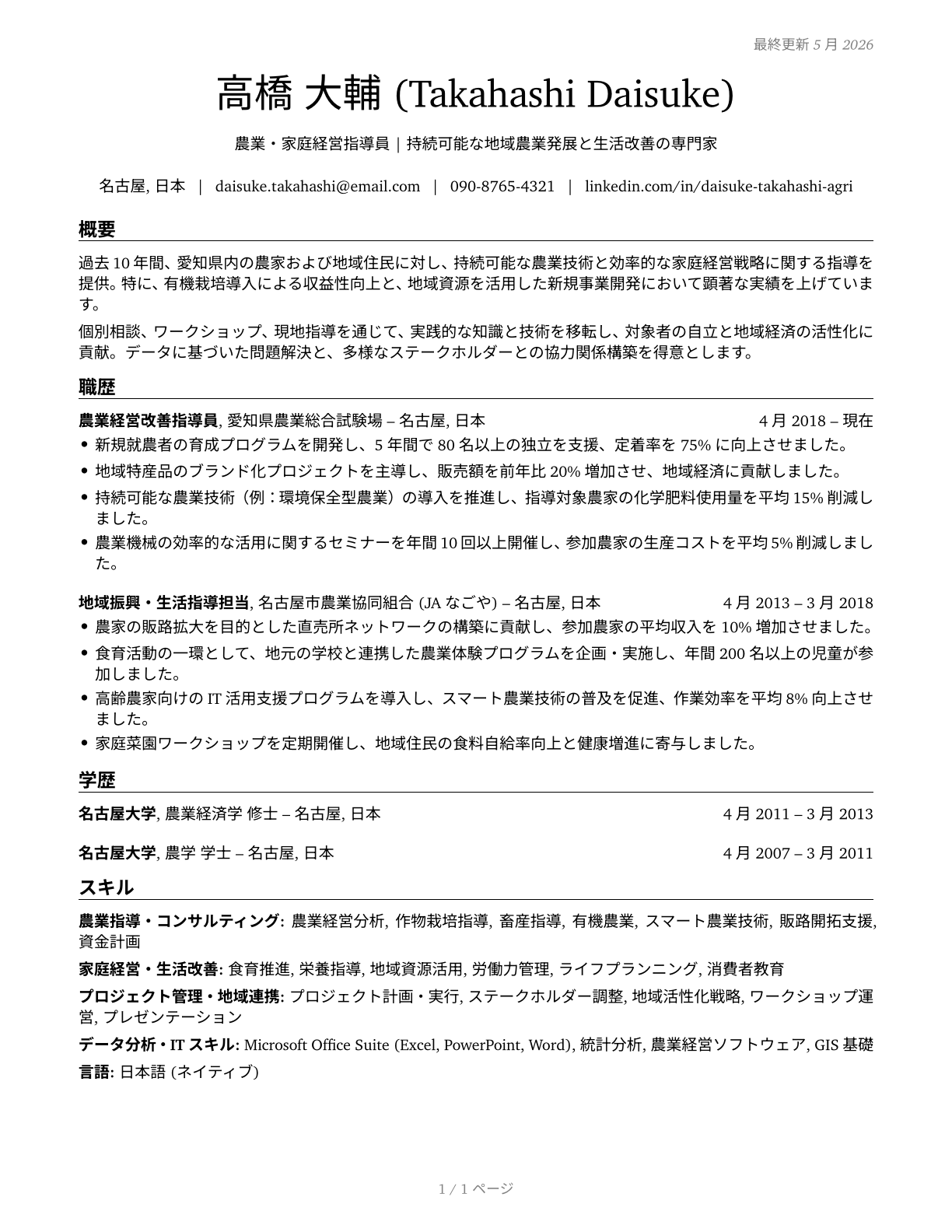 Farm and Home Management Educators CV in Japanese — page 1