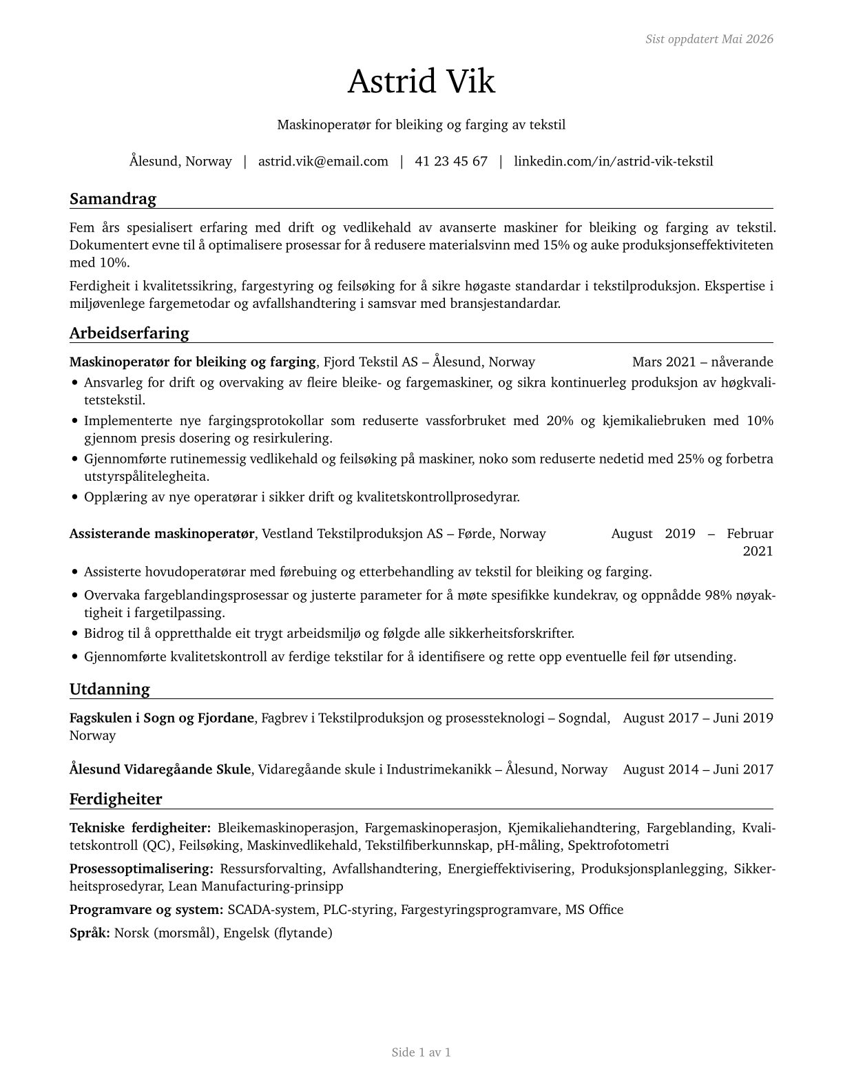 Textile Bleaching and Dyeing Machine Operators and Tenders CV in Norwegian_nynorsk — page 1