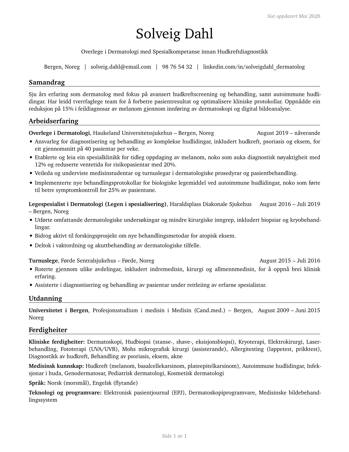 Dermatologists CV in Norwegian_nynorsk — page 1