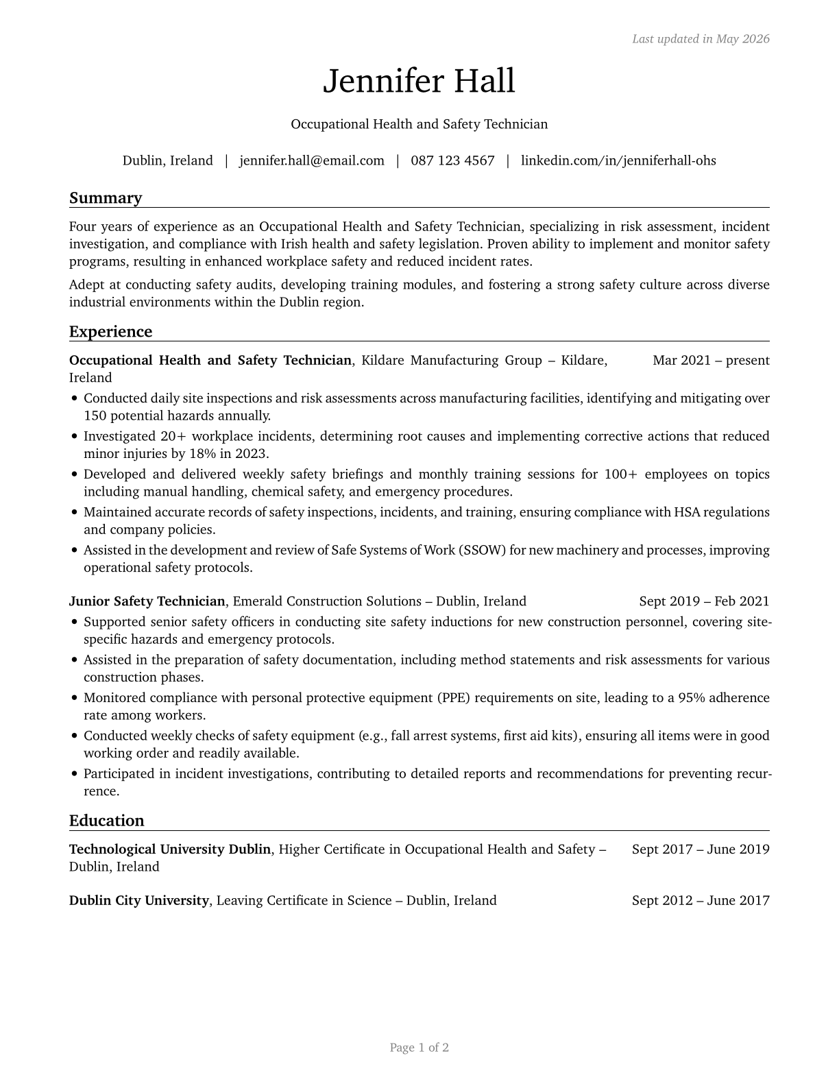 Occupational Health and Safety Technicians CV in English — page 1