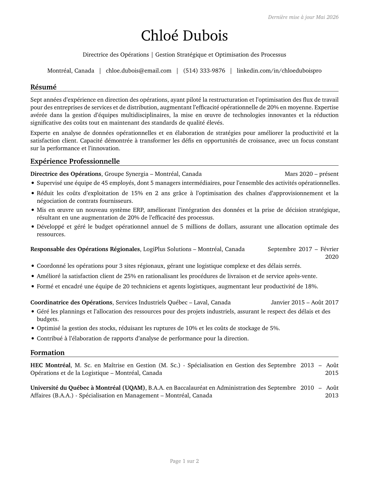 General and Operations Managers CV in French — page 1
