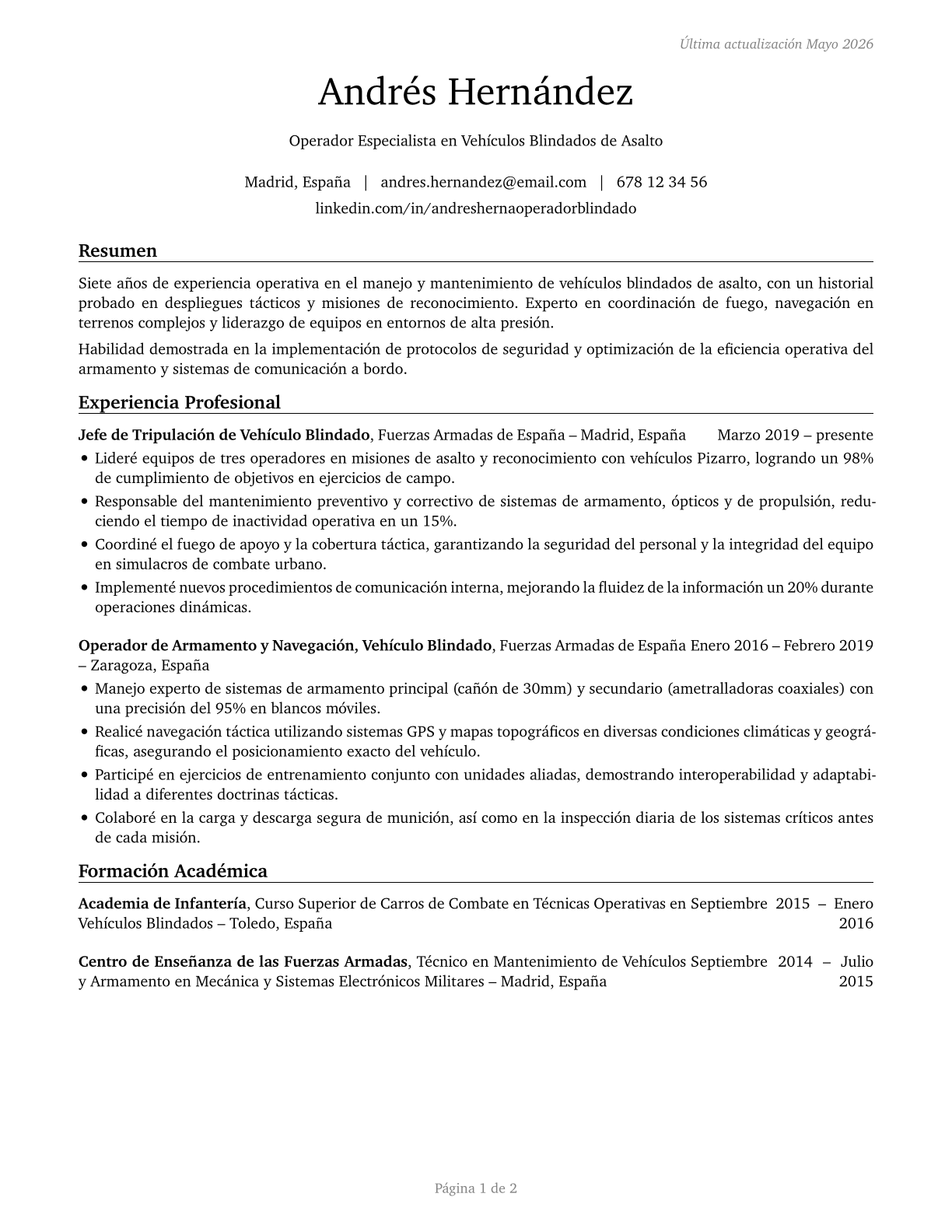 Armored Assault Vehicle Crew Members CV in Spanish — page 1