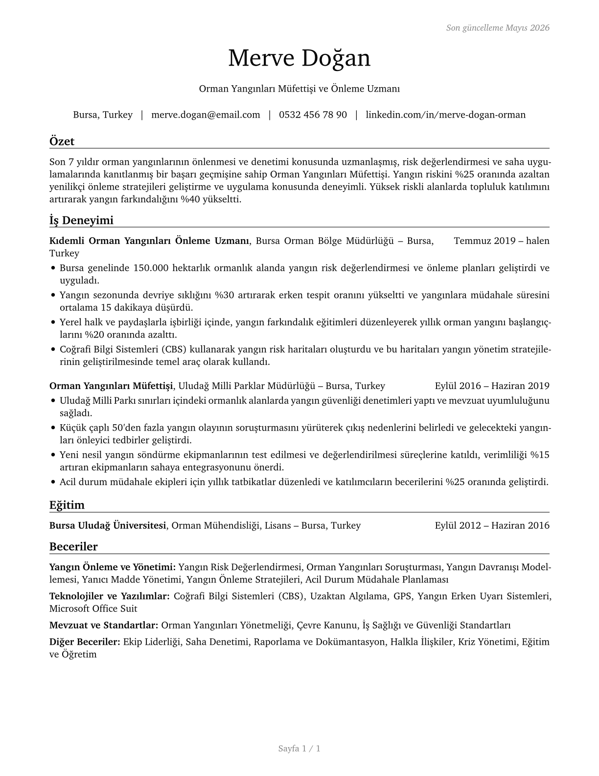 Forest Fire Inspectors and Prevention Specialists CV in Turkish — page 1