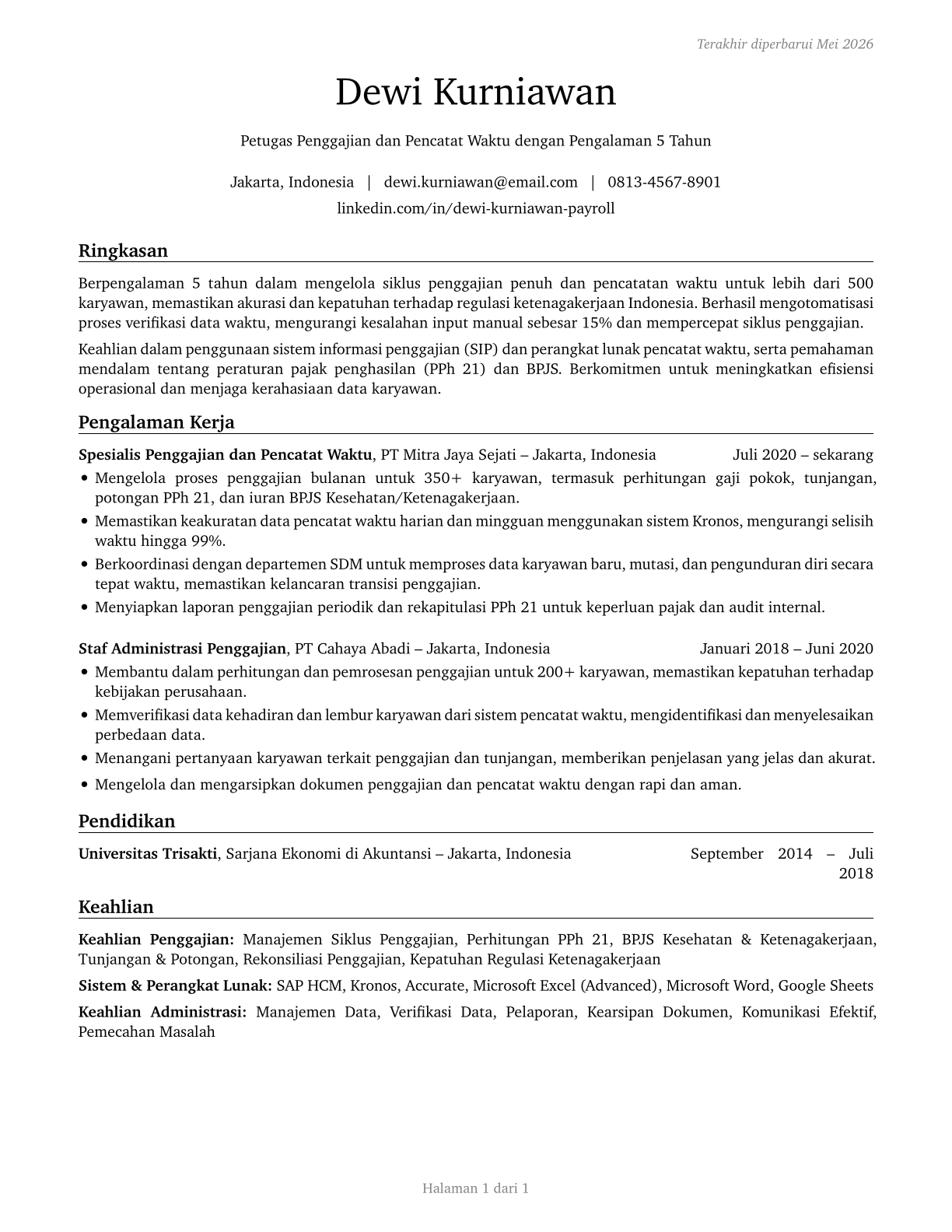 Payroll and Timekeeping Clerks CV in Indonesian — page 1
