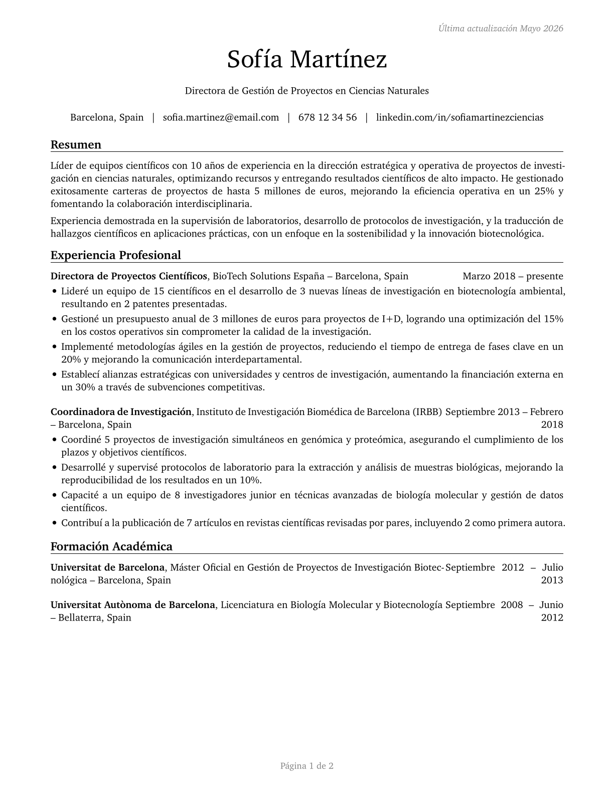 Natural Sciences Managers CV in Spanish — page 1