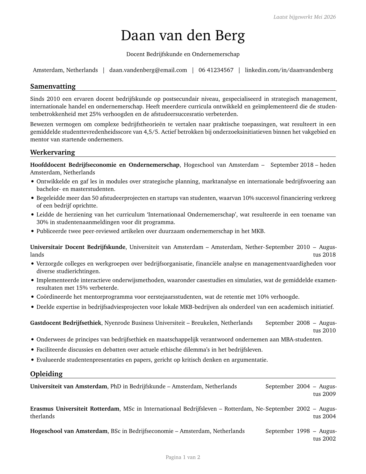 Business Teachers, Postsecondary CV in Dutch — page 1
