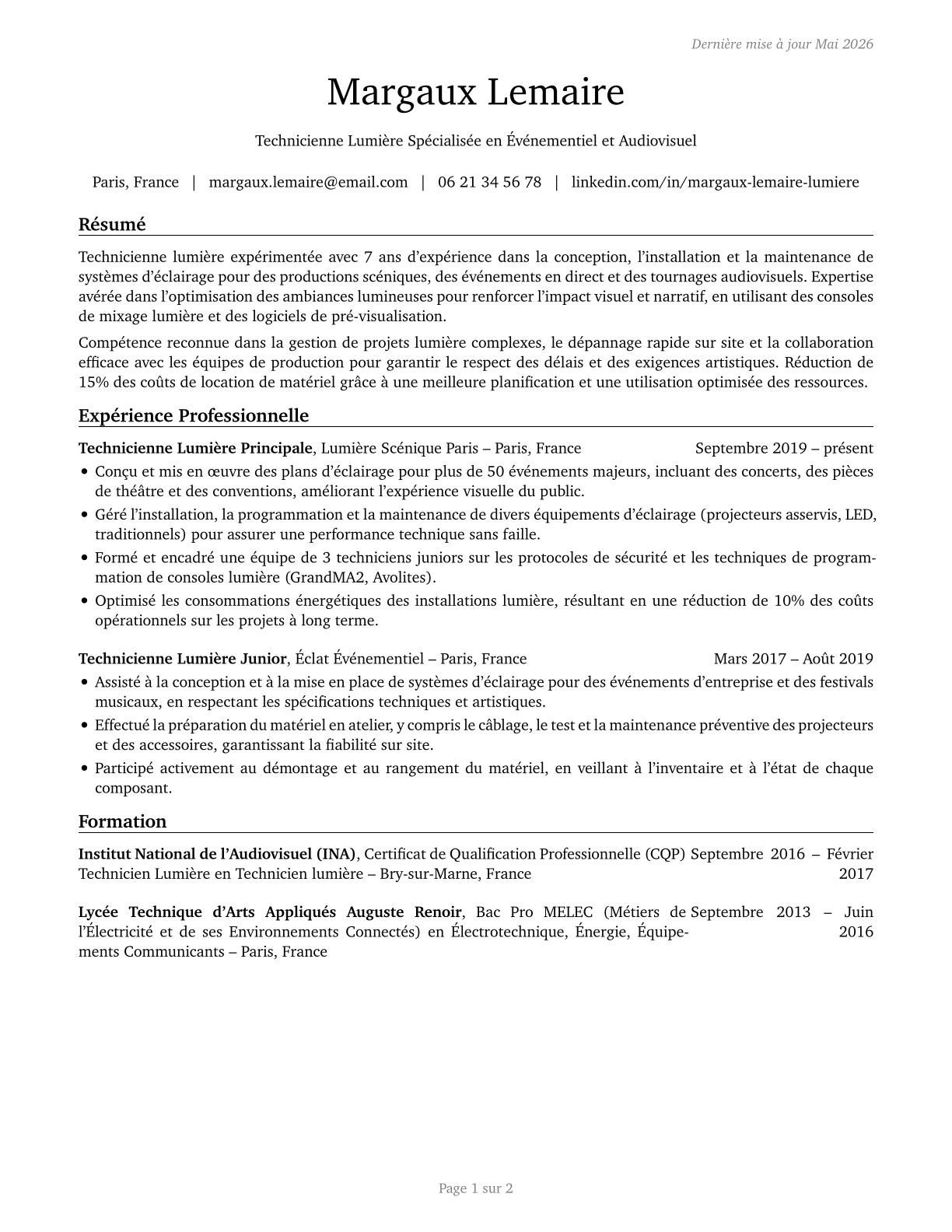 Lighting Technicians CV in French — page 1