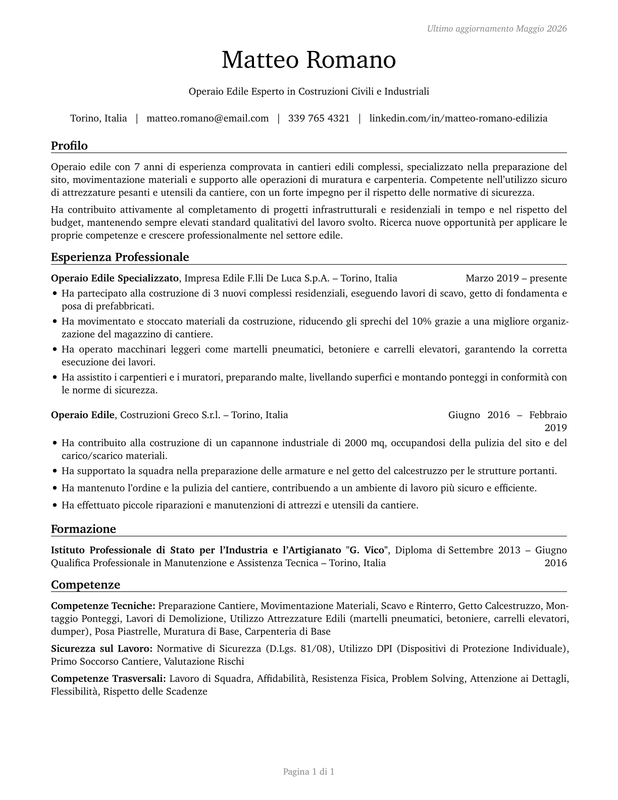 Construction Laborers CV in Italian — page 1