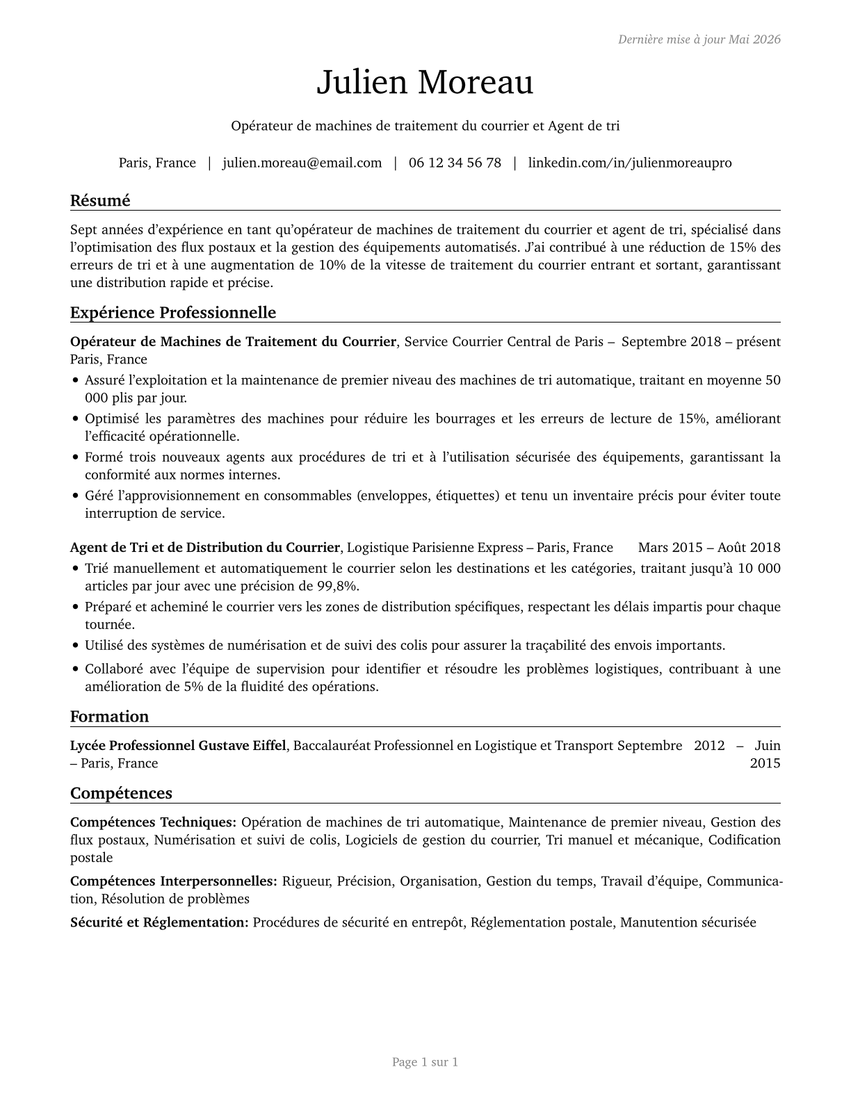 Mail Clerks and Mail Machine Operators, Except Postal Service CV in French — page 1