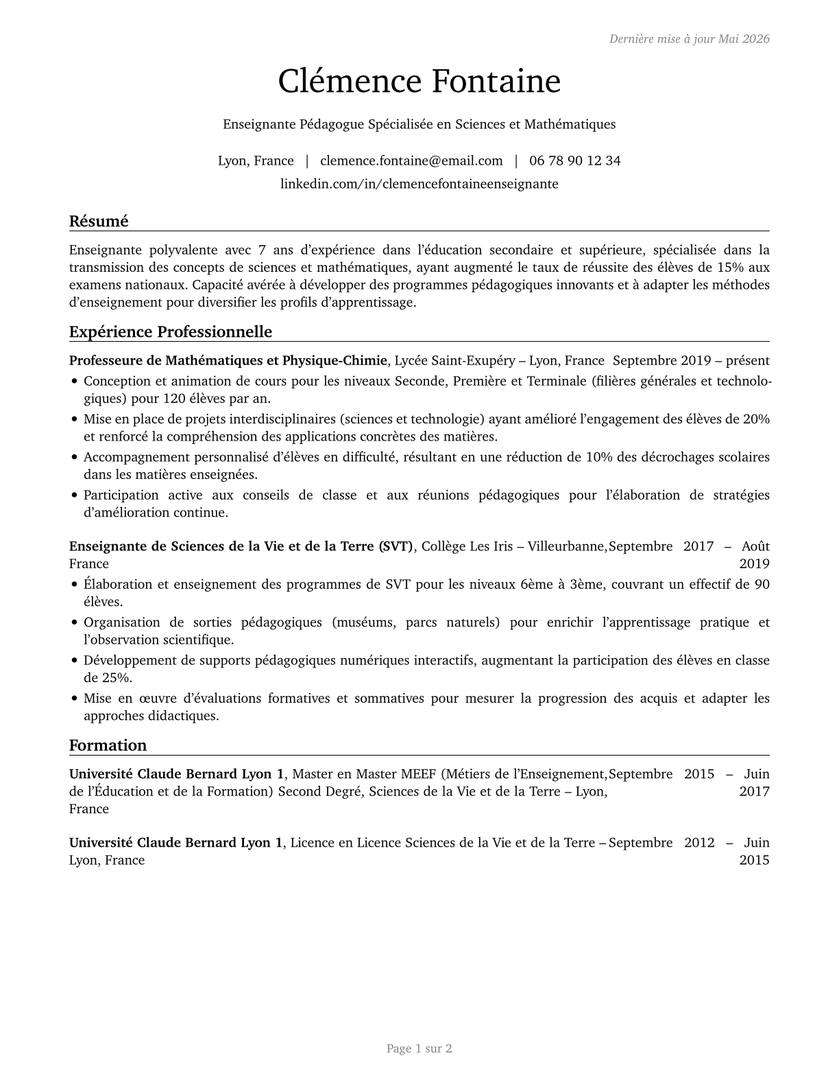 Teachers and Instructors, All Other CV in French — page 1
