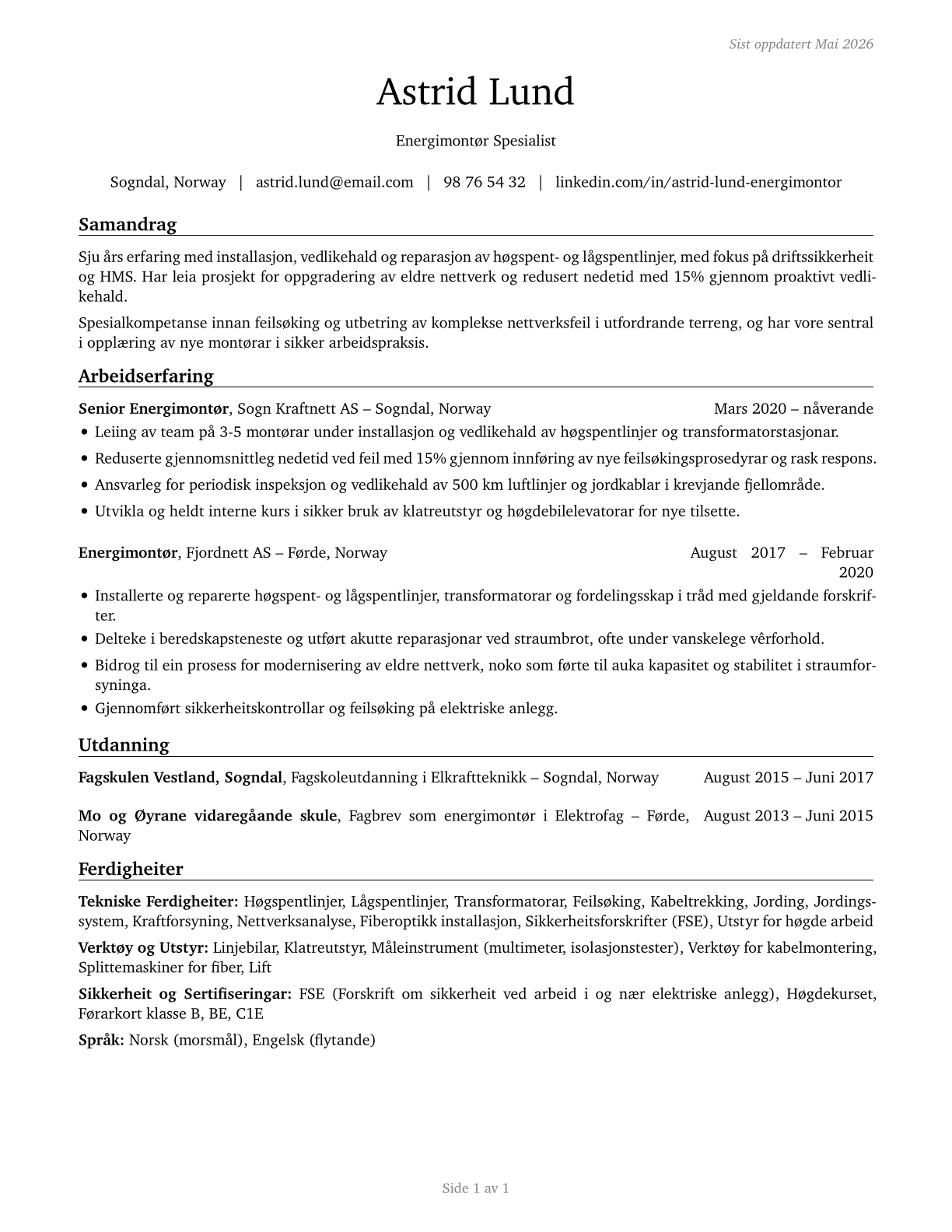 Electrical Power-Line Installers and Repairers CV in Norwegian_nynorsk — page 1