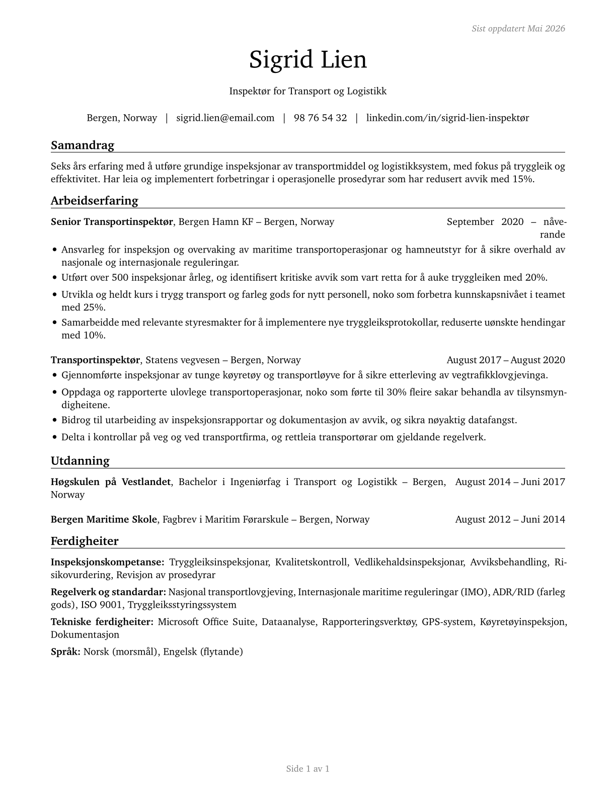 Transportation Inspectors CV in Norwegian_nynorsk — page 1