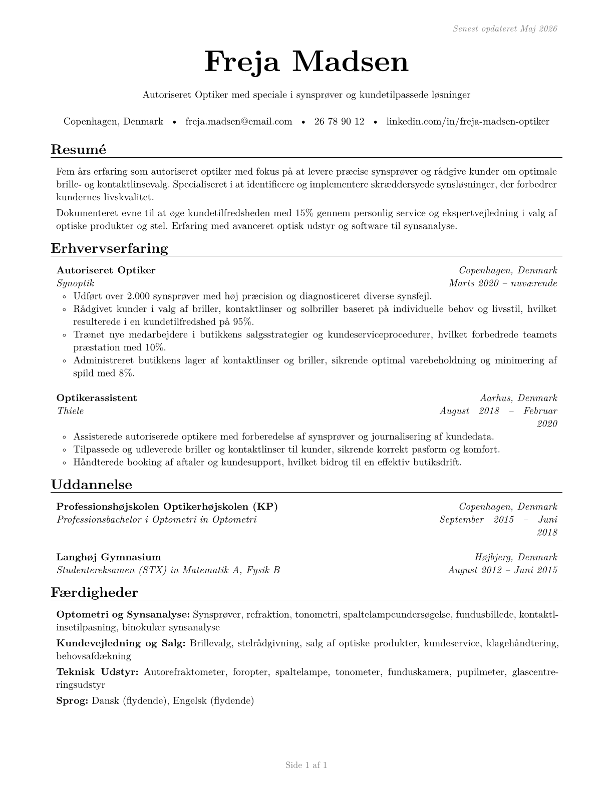Opticians, Dispensing CV in Danish — page 1