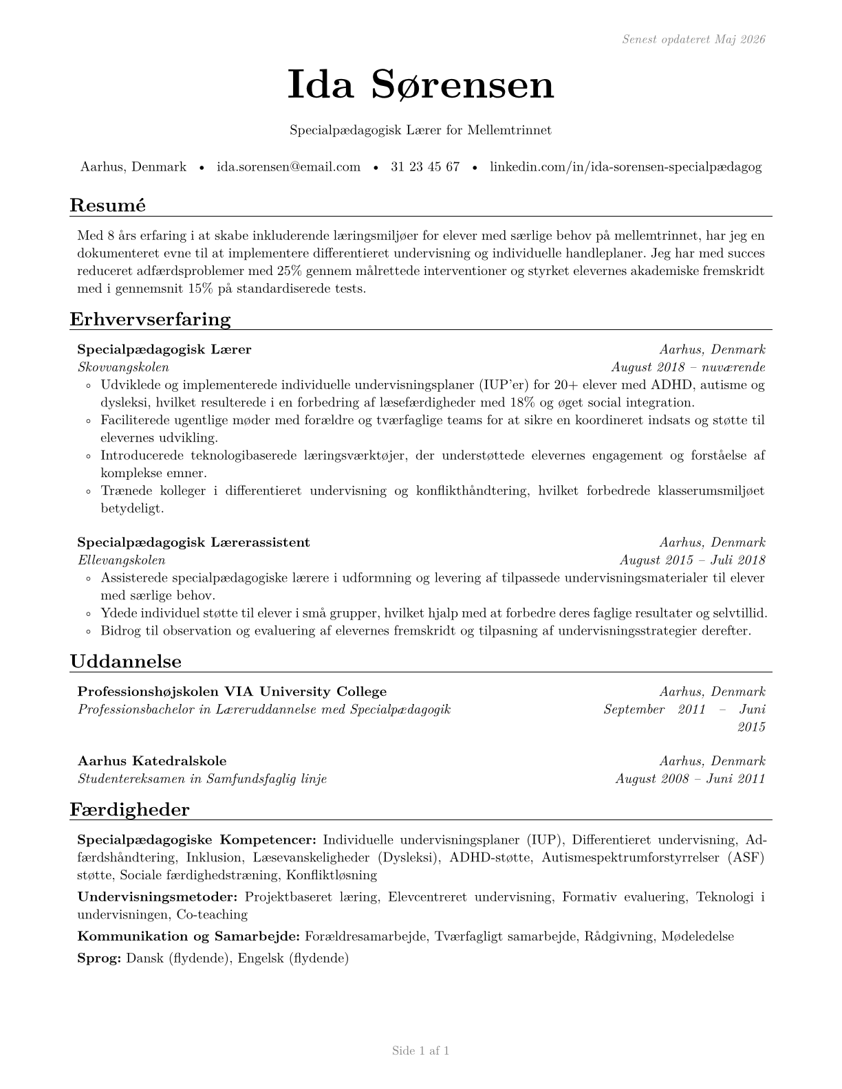 Special Education Teachers, Middle School CV in Danish — page 1
