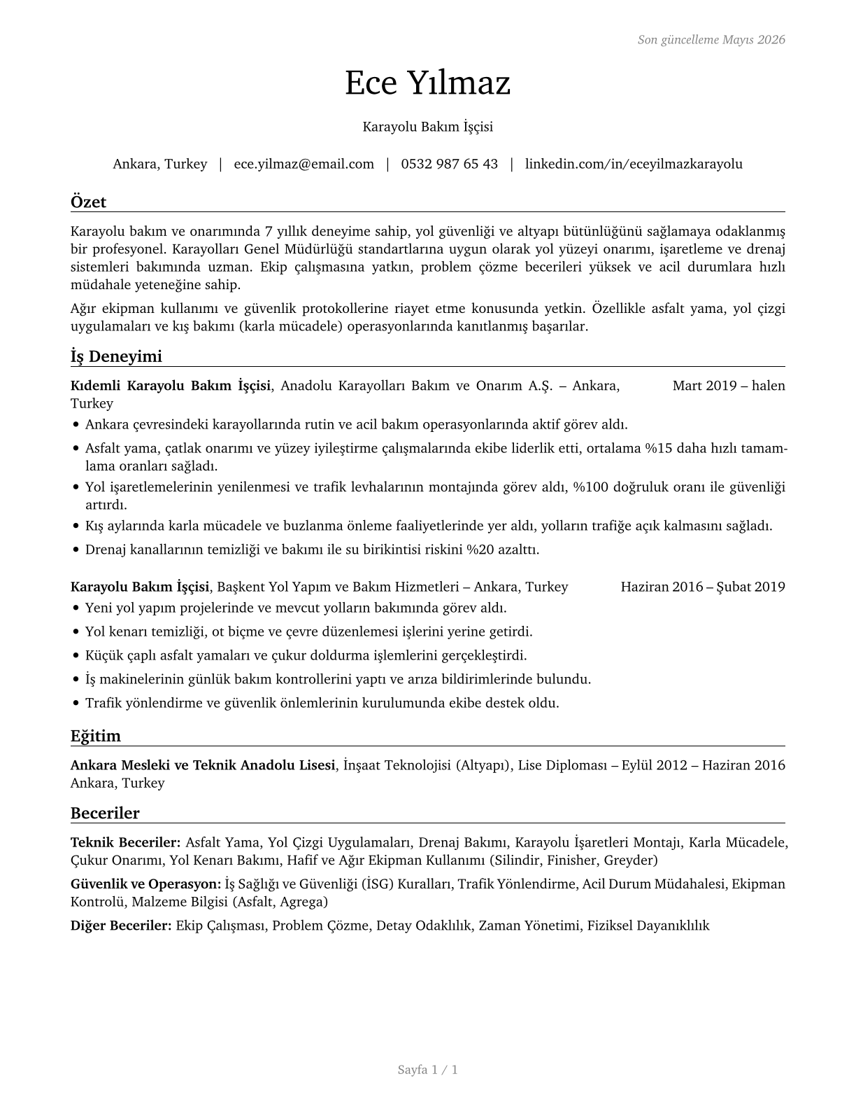 Highway Maintenance Workers CV in Turkish — page 1