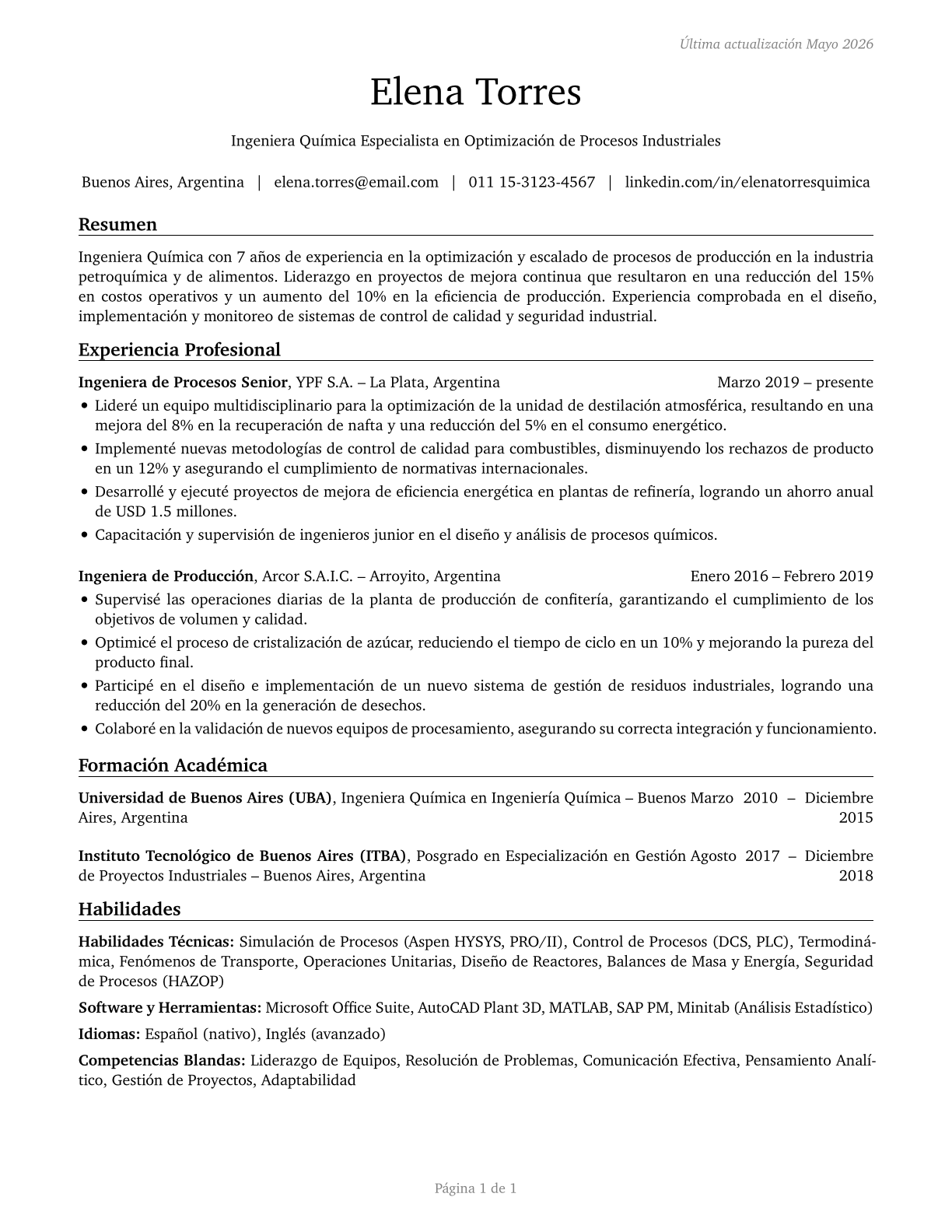 Chemical Engineers CV in Spanish — page 1