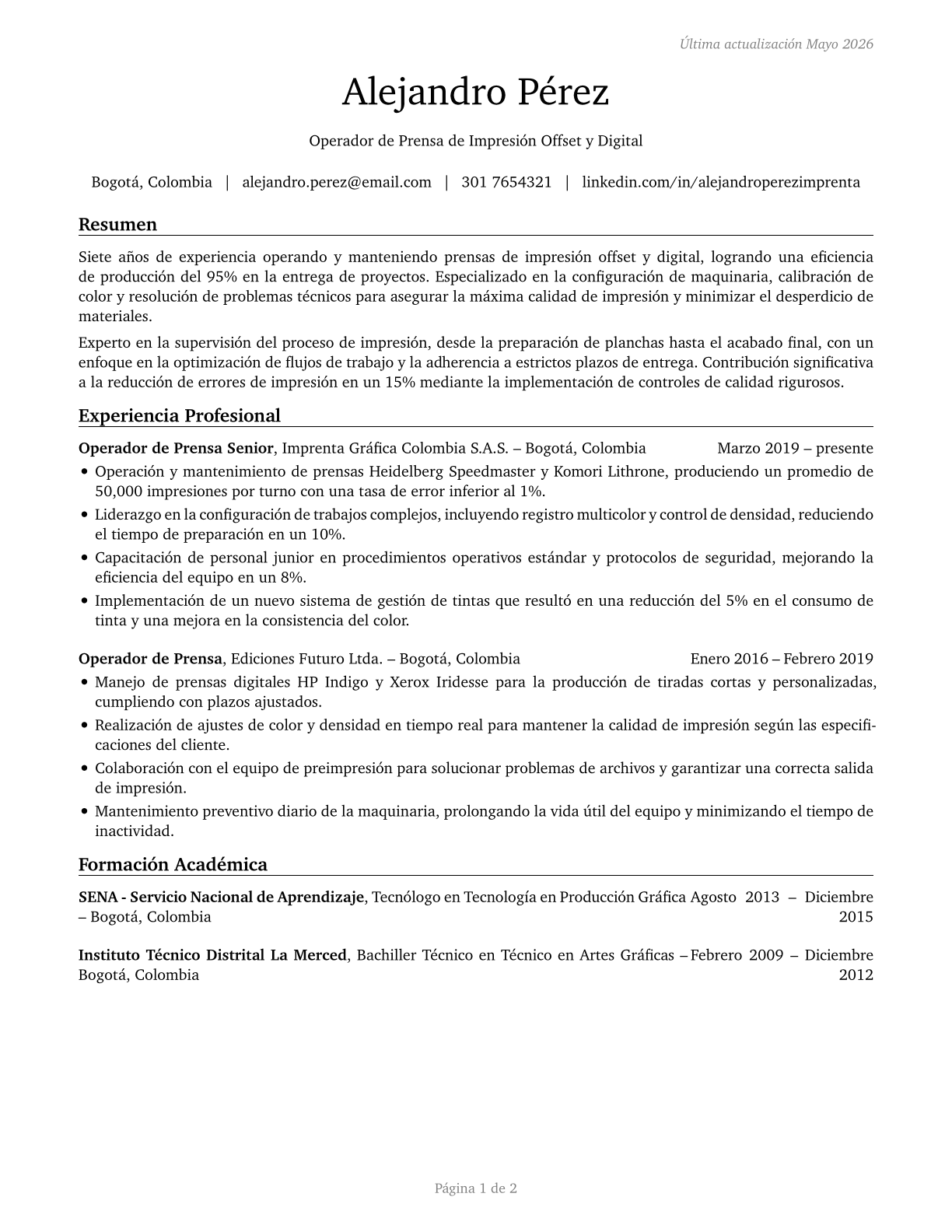 Printing Press Operators CV in Spanish — page 1