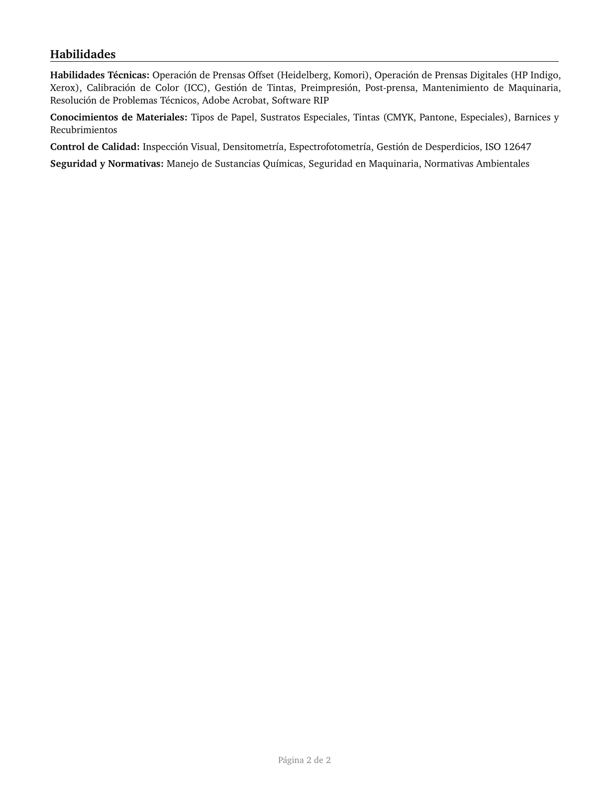 Printing Press Operators CV in Spanish — page 2