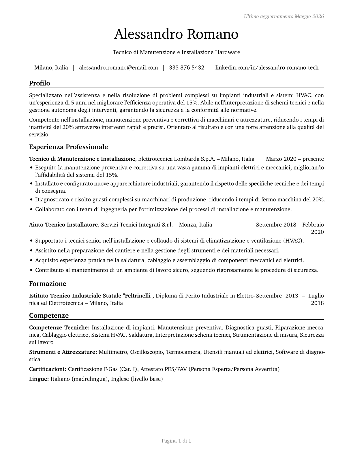 Helpers--Installation, Maintenance, and Repair Workers CV in Italian — page 1