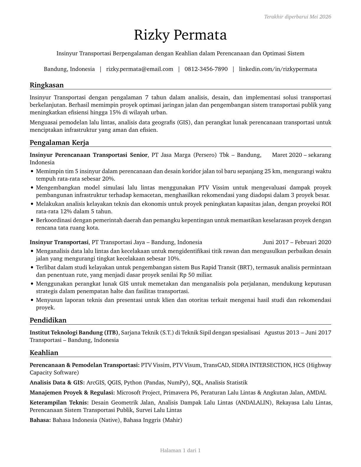 Transportation Engineers CV in Indonesian — page 1