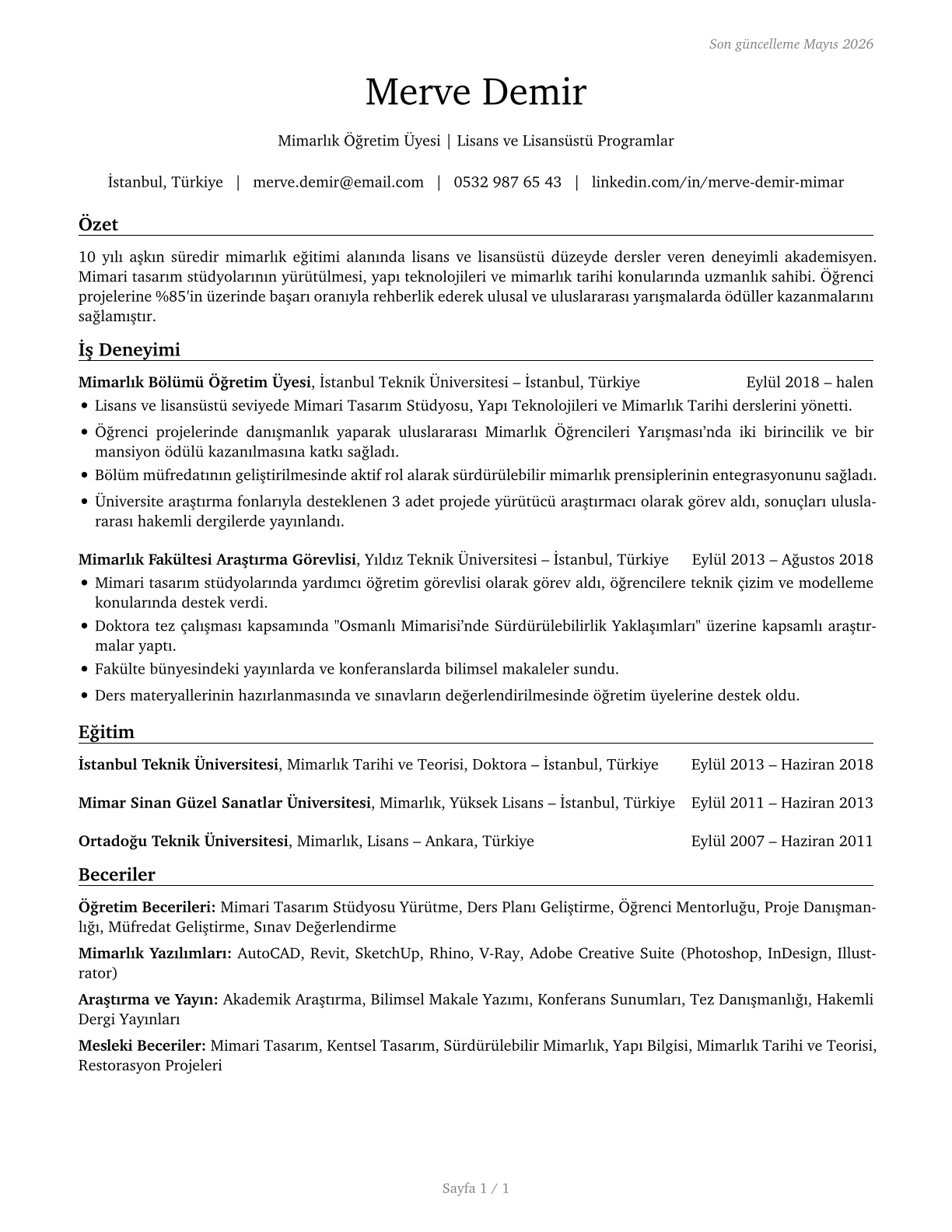 Architecture Teachers, Postsecondary CV in Turkish — page 1