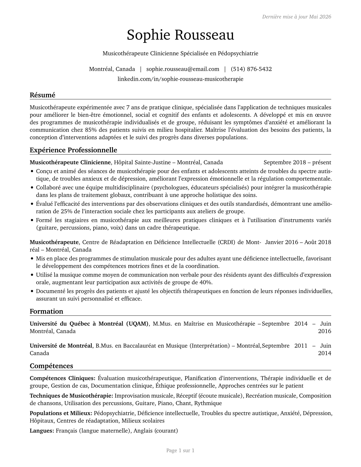 Music Therapists CV in French — page 1