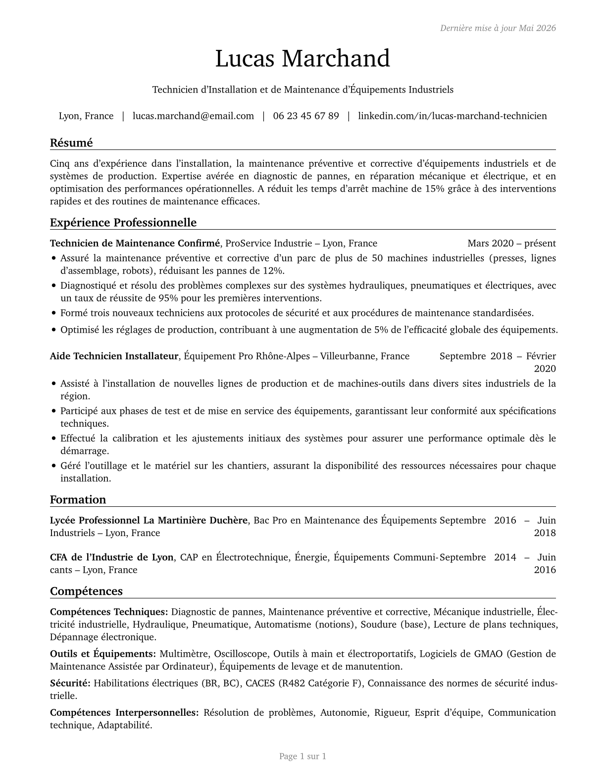 Helpers--Installation, Maintenance, and Repair Workers CV in French — page 1