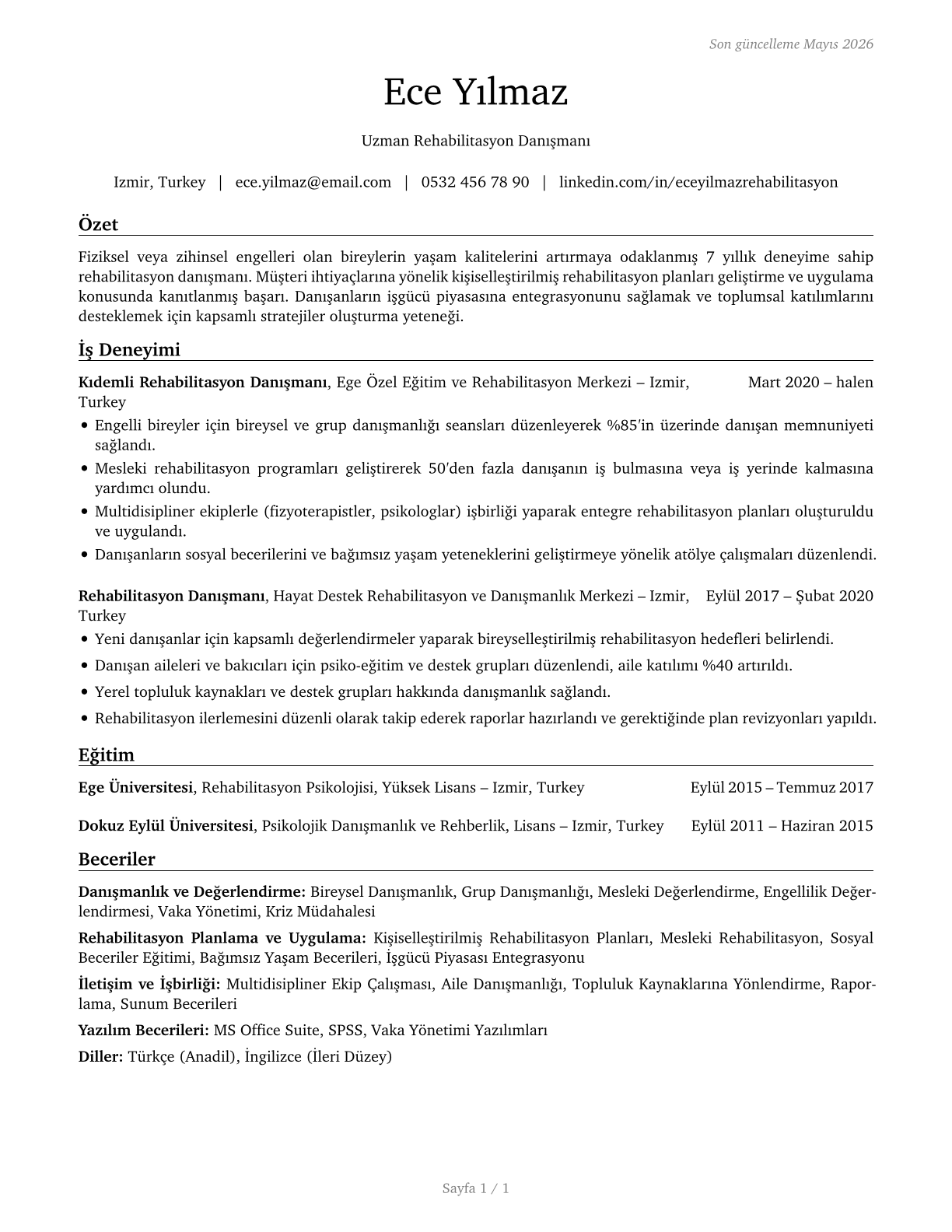Rehabilitation Counselors CV in Turkish — page 1