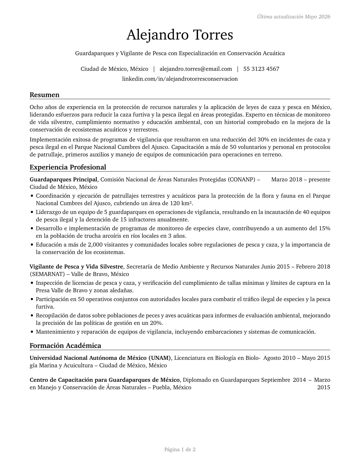 Fish and Game Wardens CV in Spanish — page 1