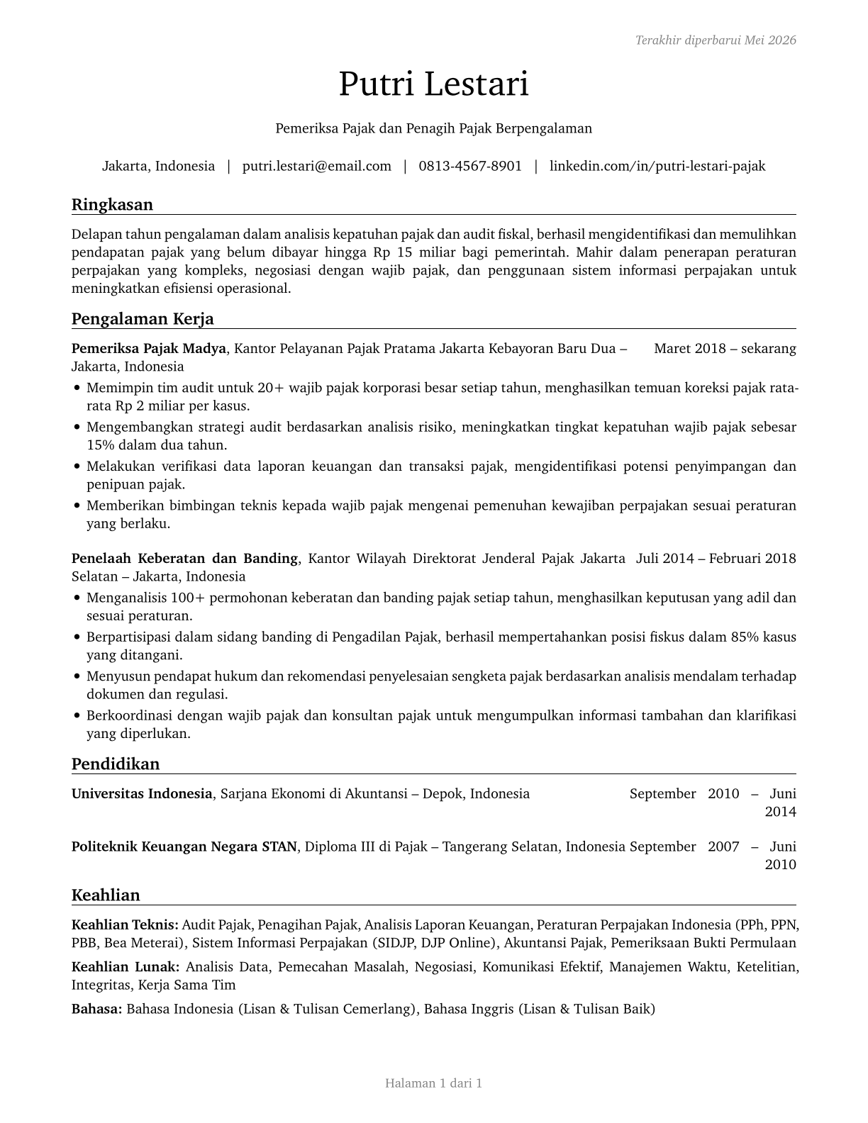 Tax Examiners and Collectors, and Revenue Agents CV in Indonesian — page 1