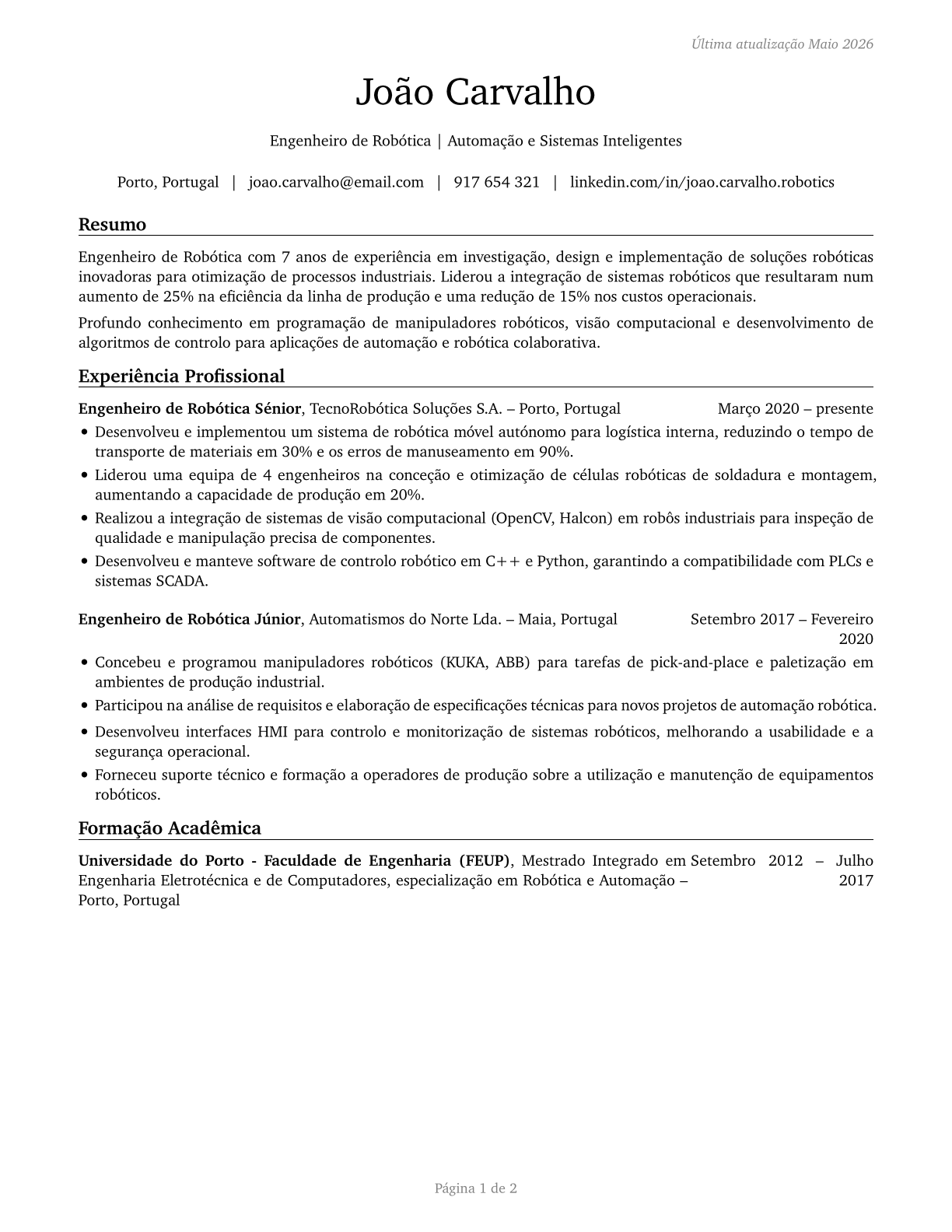 Robotics Engineers CV in Portuguese — page 1