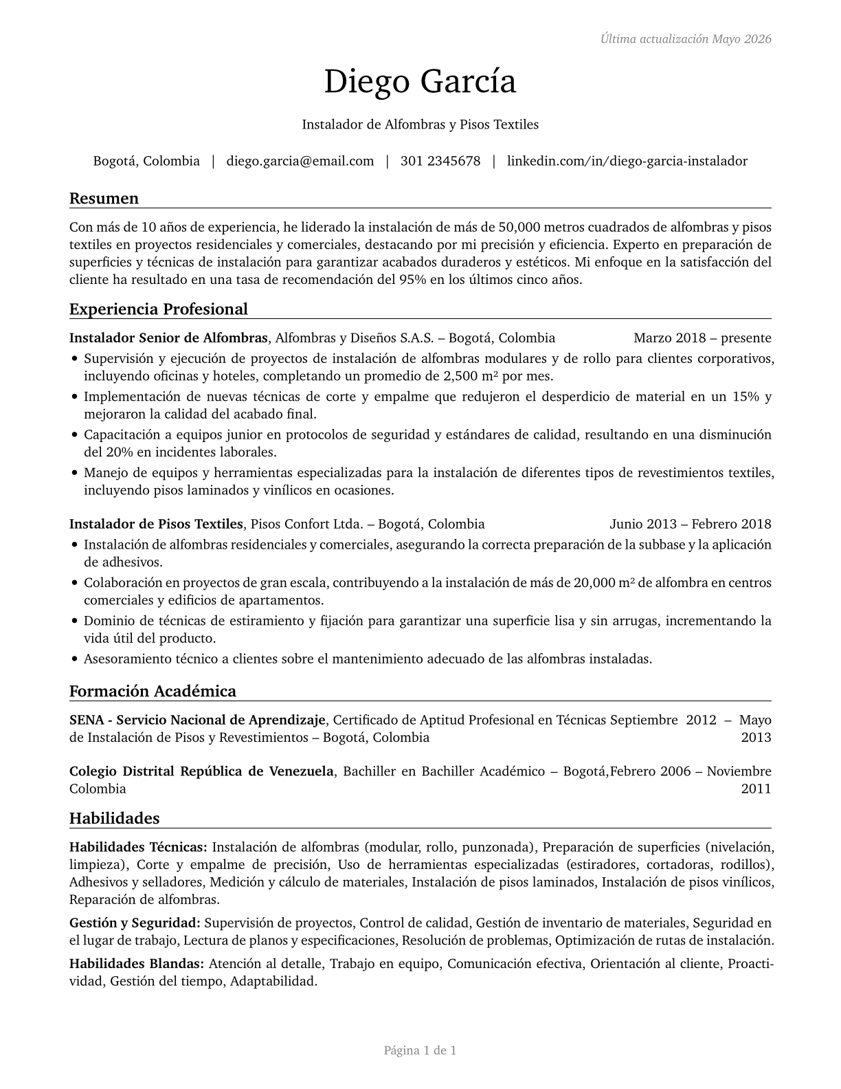 Carpet Installers CV in Spanish — page 1