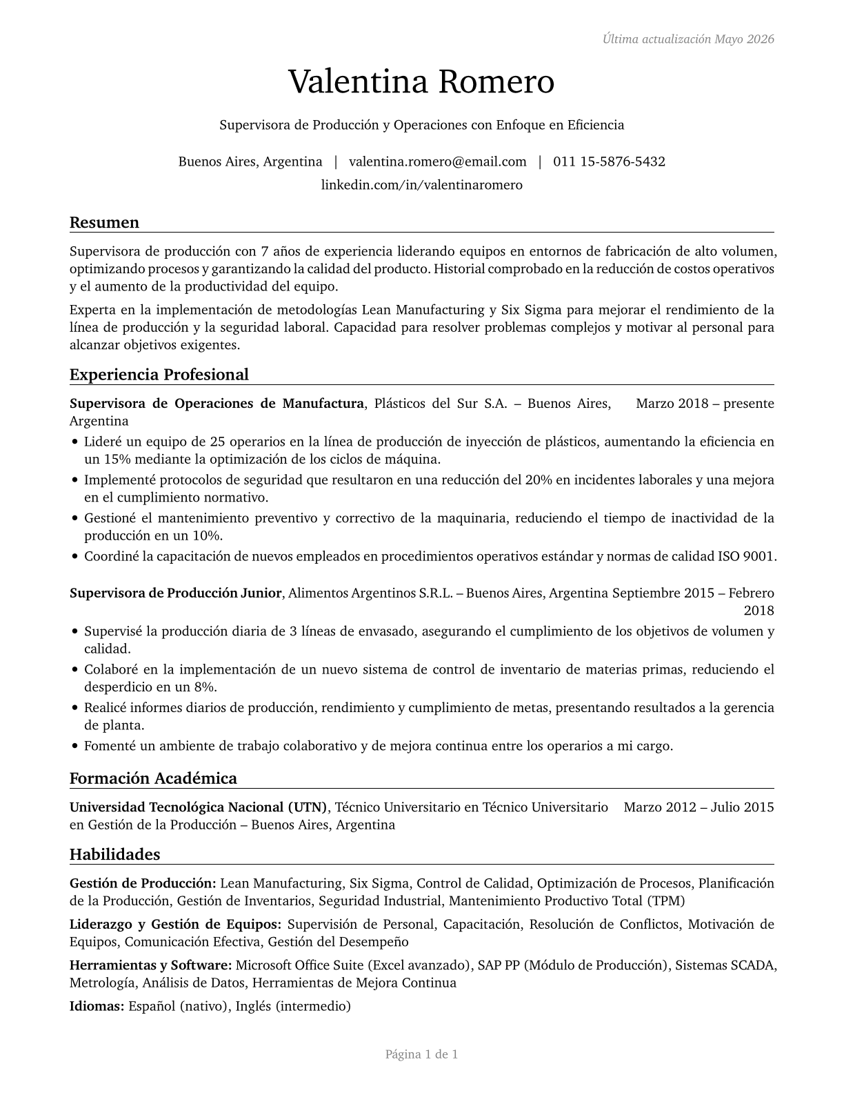 First-Line Supervisors of Production and Operating Workers CV in Spanish — page 1