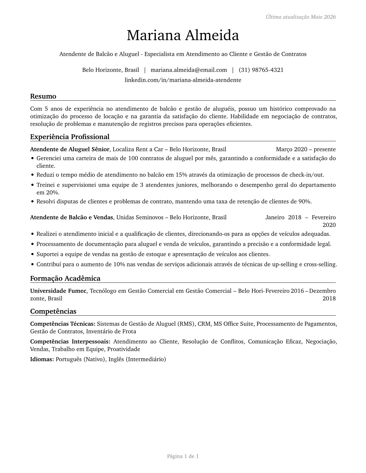 Counter and Rental Clerks CV in Portuguese — page 1