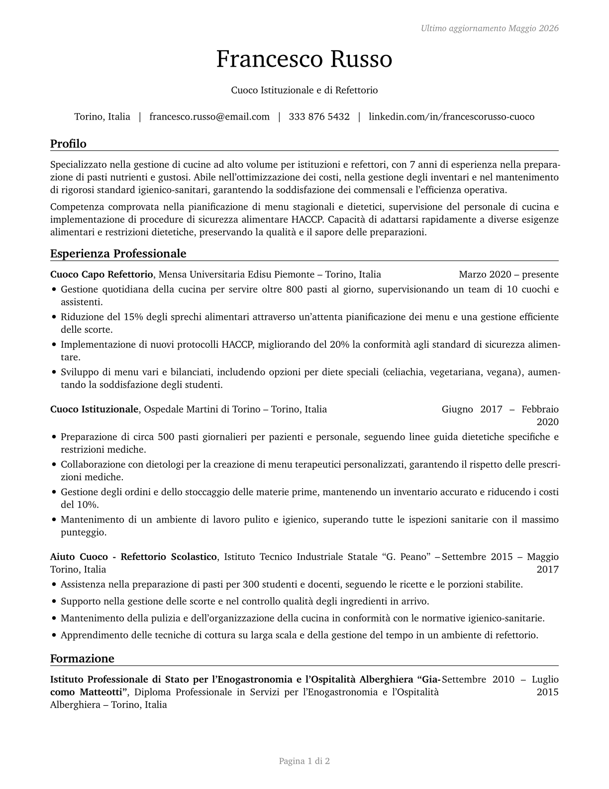 Cooks, Institution and Cafeteria CV in Italian — page 1