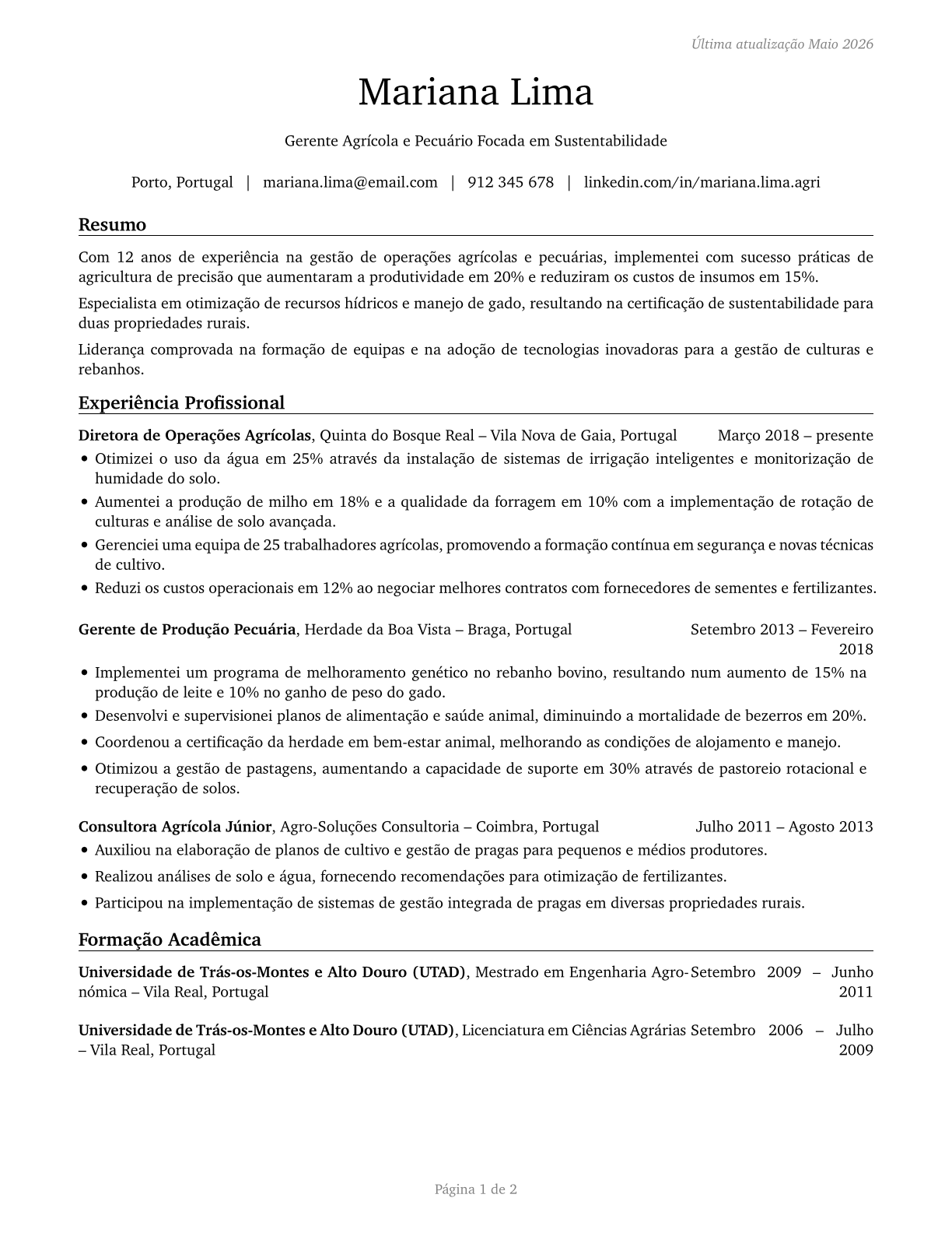 Farmers, Ranchers, and Other Agricultural Managers CV in Portuguese — page 1