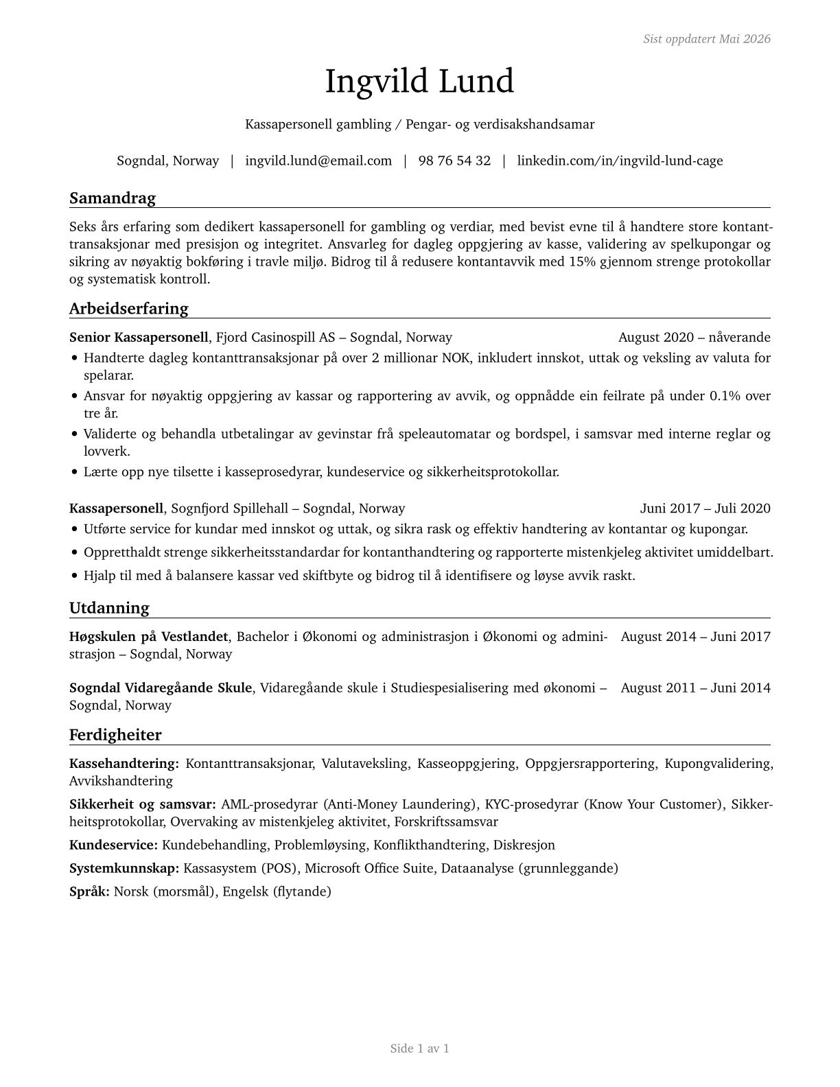Gambling Cage Workers CV in Norwegian_nynorsk — page 1