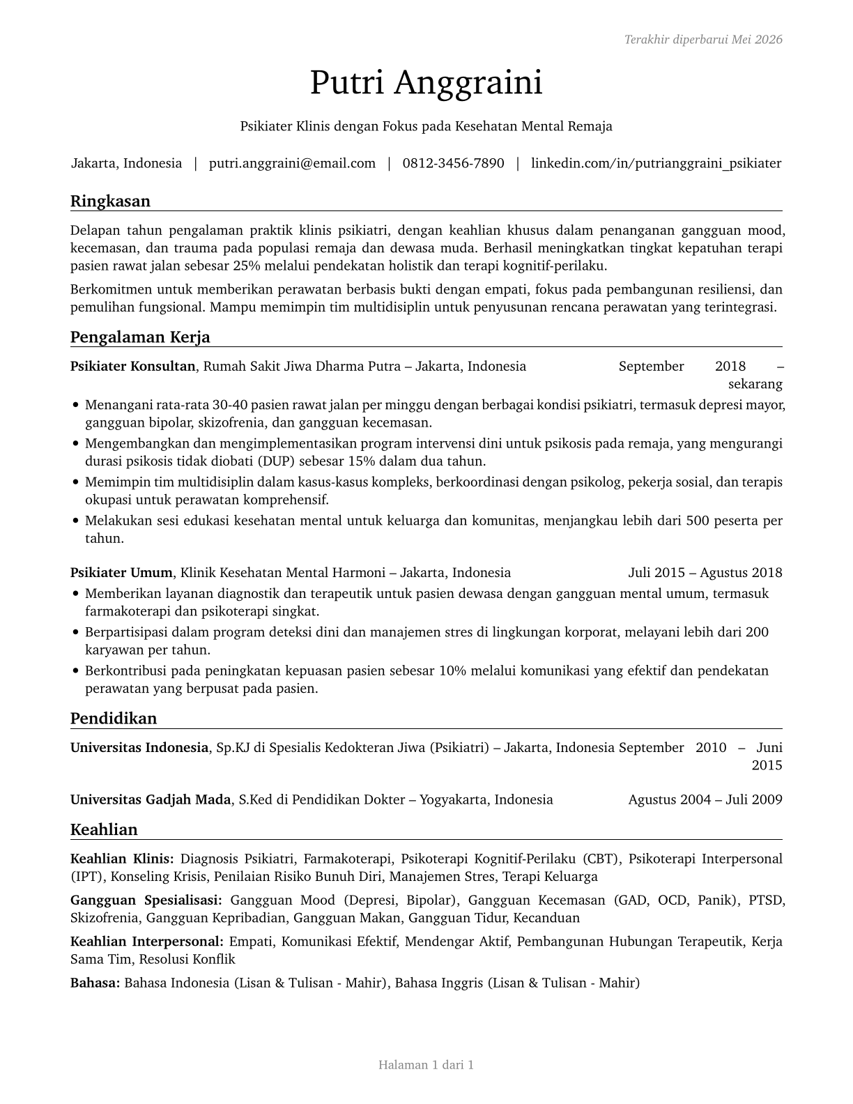 Psychiatrists CV in Indonesian — page 1