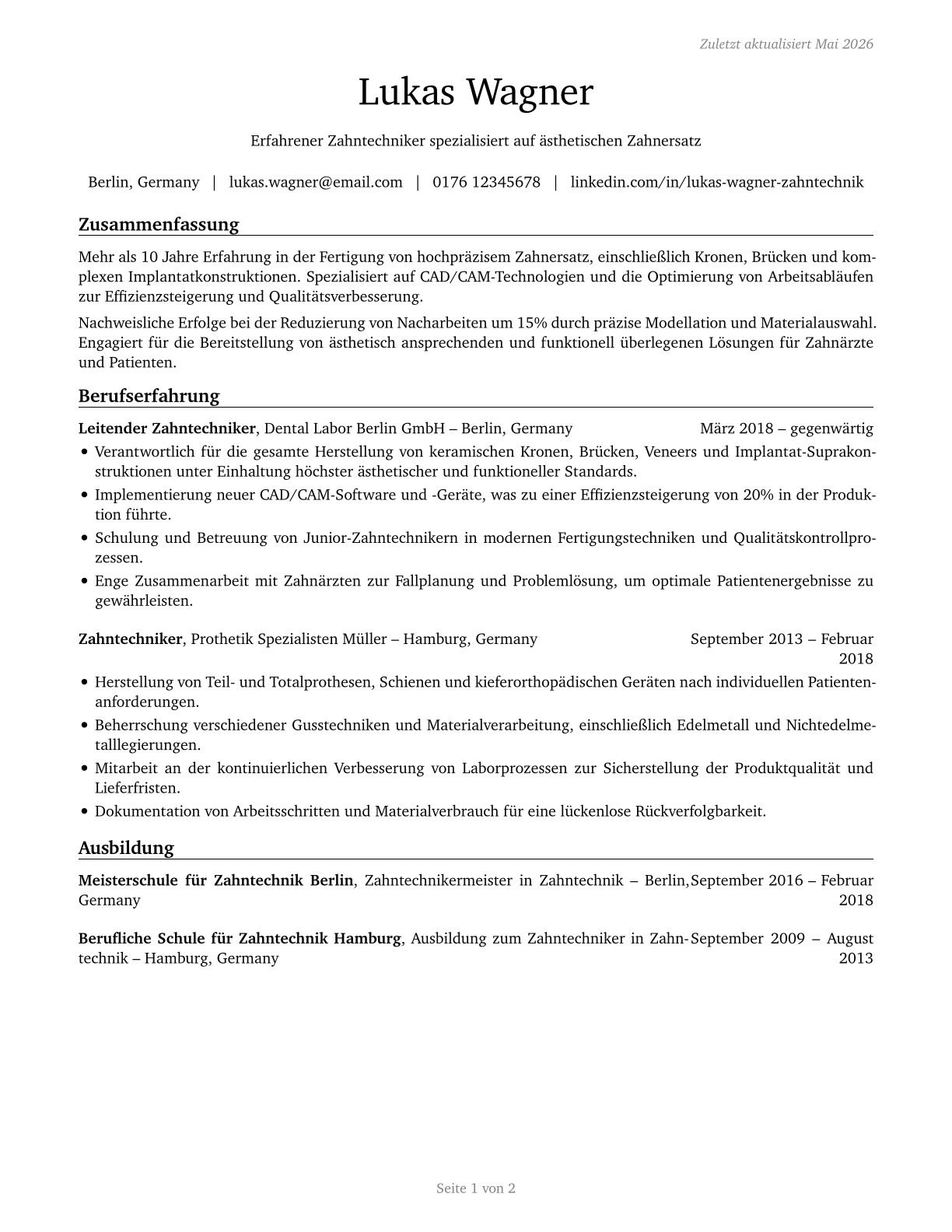 Dental Laboratory Technicians CV in German — page 1