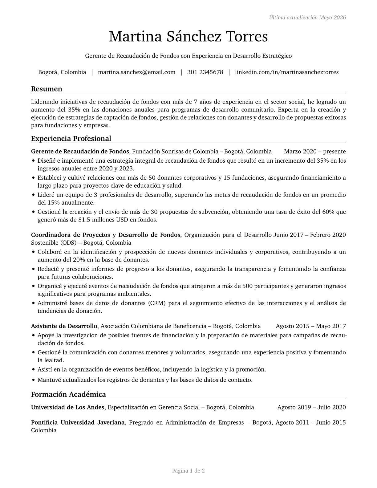 Fundraising Managers CV in Spanish — page 1