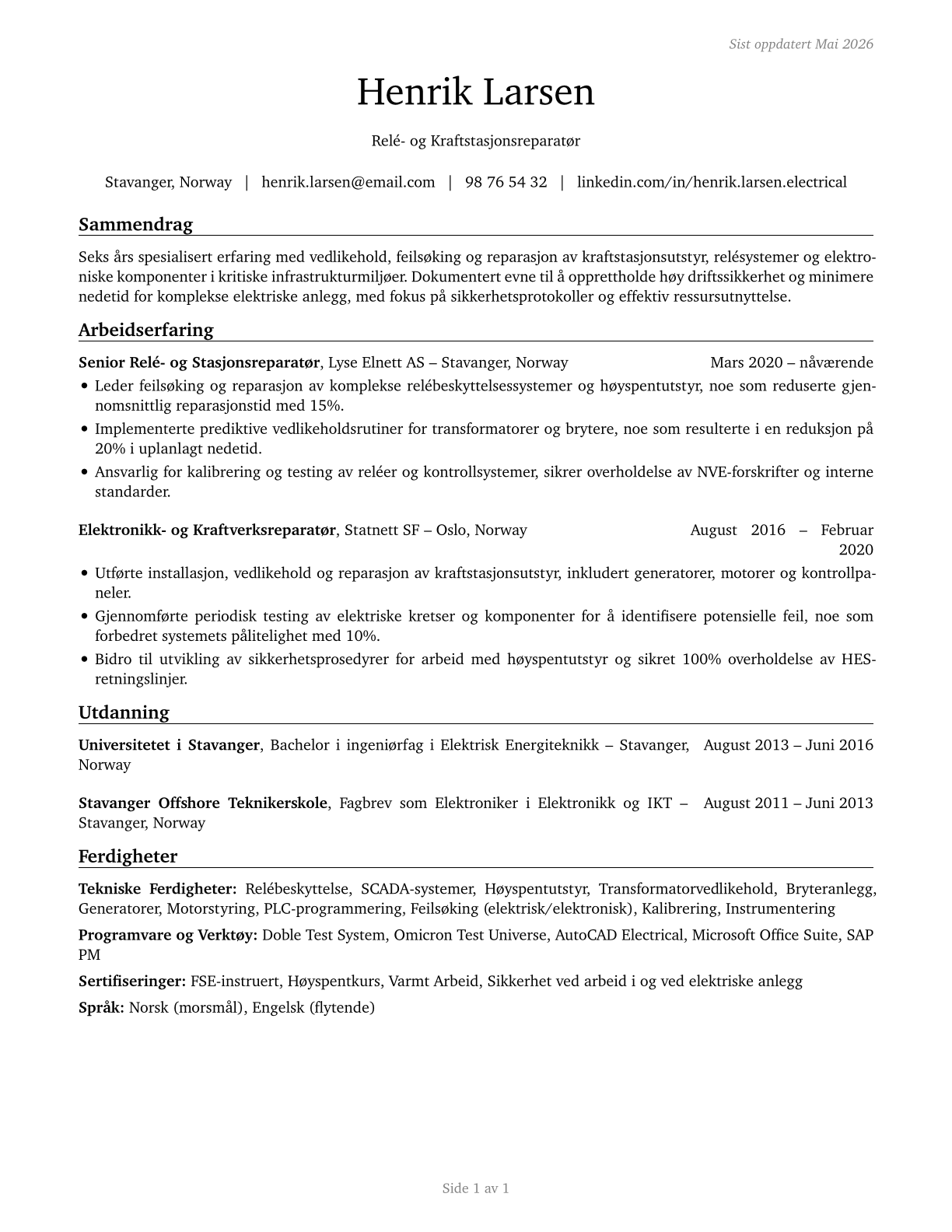 Electrical and Electronics Repairers, Powerhouse, Substation, and Relay CV in Norwegian_bokmal — page 1