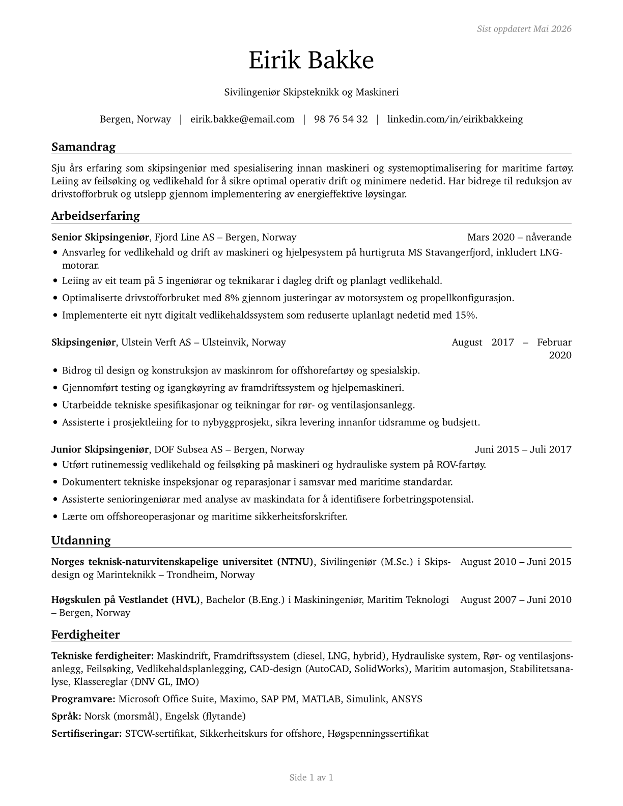 Ship Engineers CV in Norwegian_nynorsk — page 1