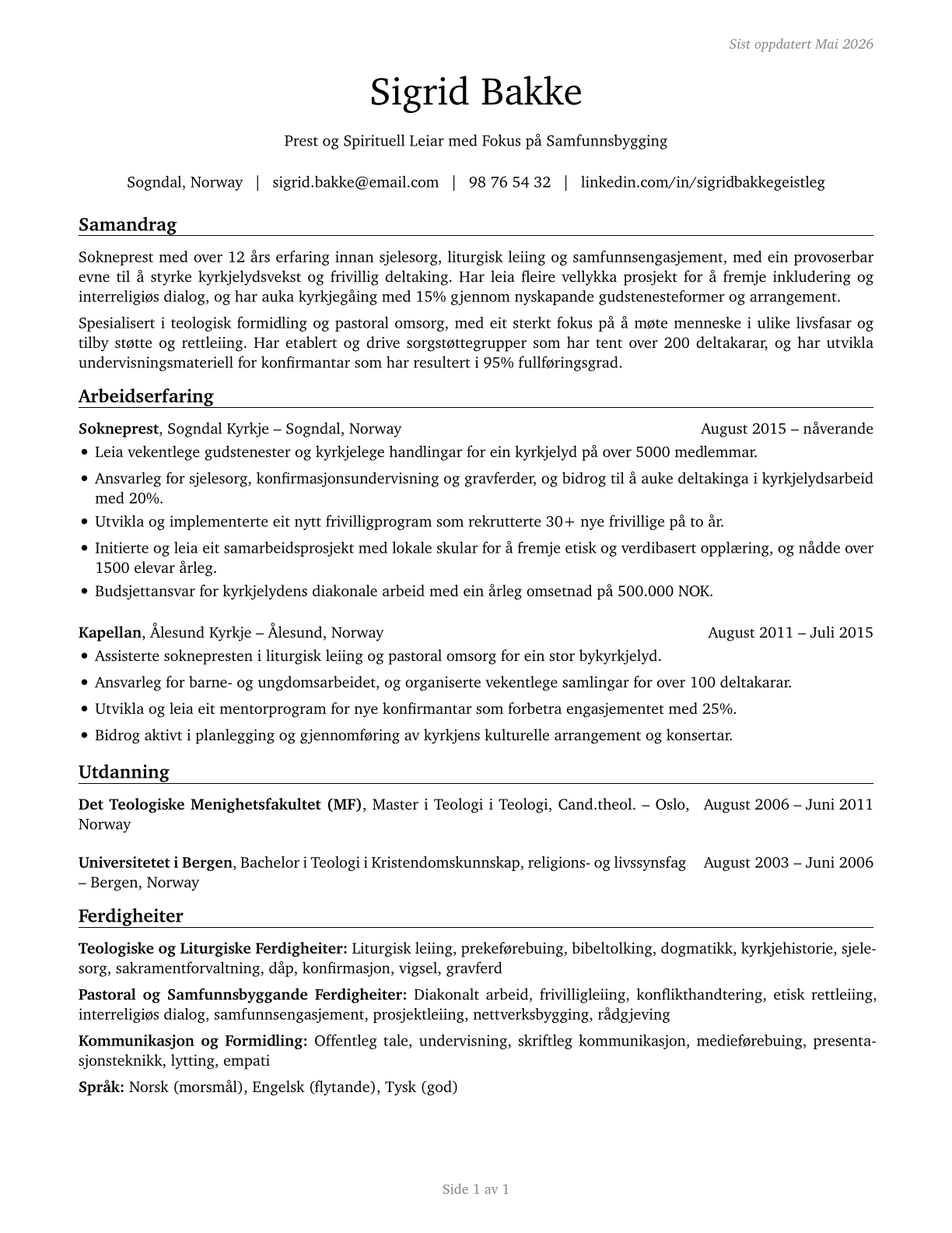 Clergy CV in Norwegian_nynorsk — page 1