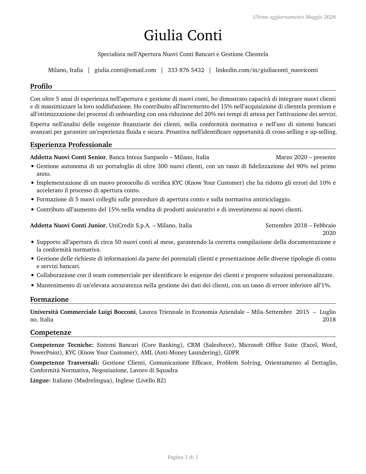 New Accounts Clerks CV in Italian — page 1