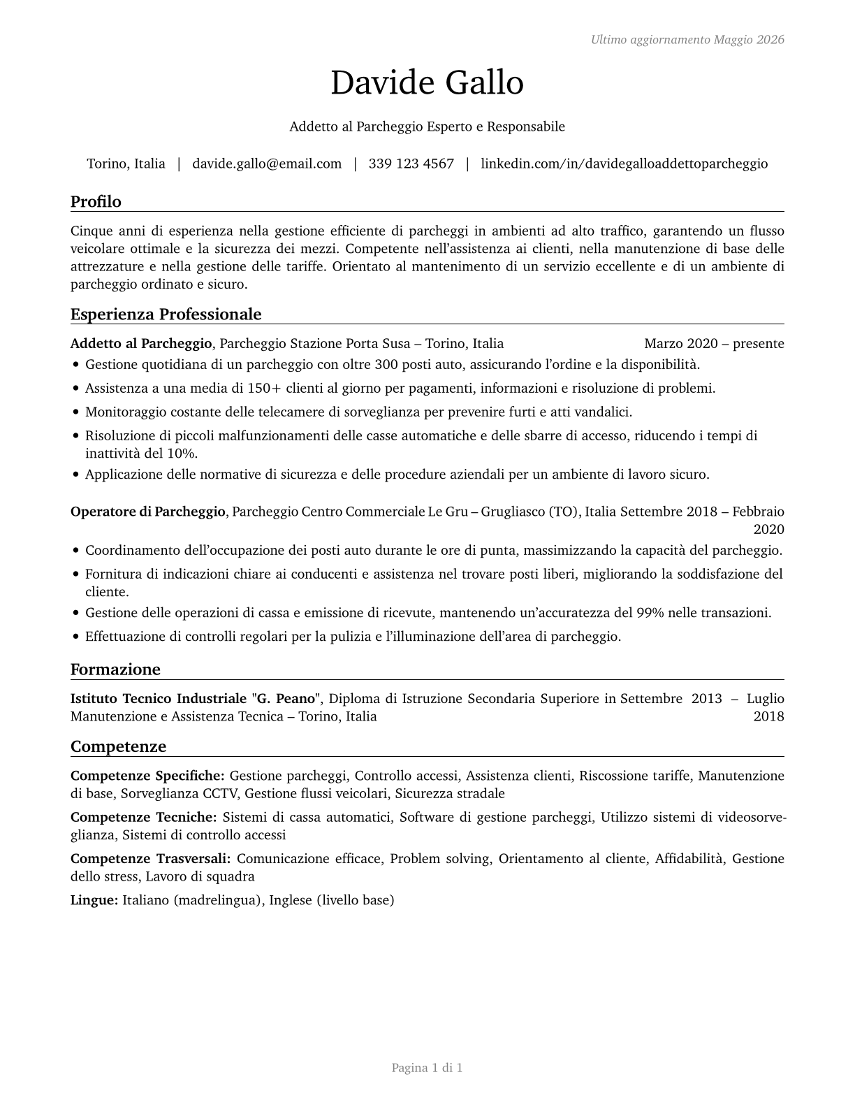 Parking Attendants CV in Italian — page 1