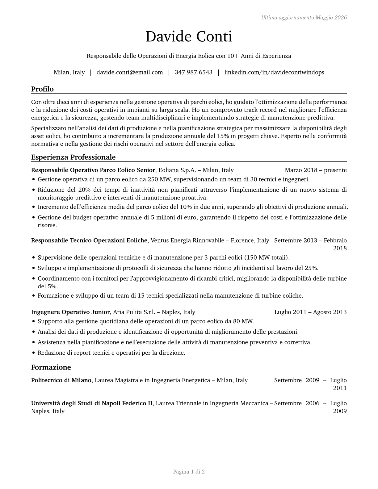 Wind Energy Operations Managers CV in Italian — page 1