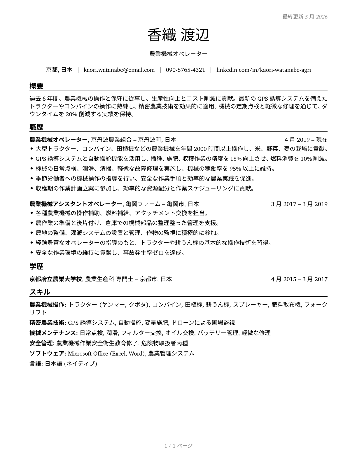 Agricultural Equipment Operators CV in Japanese — page 1
