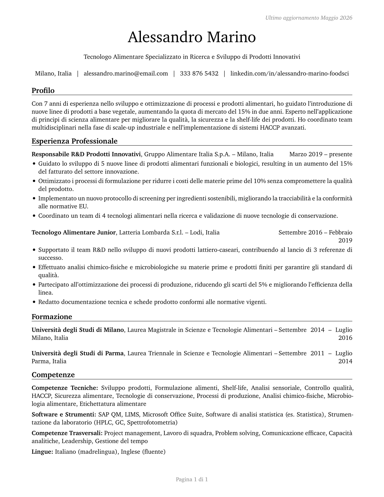 Food Scientists and Technologists CV in Italian — page 1